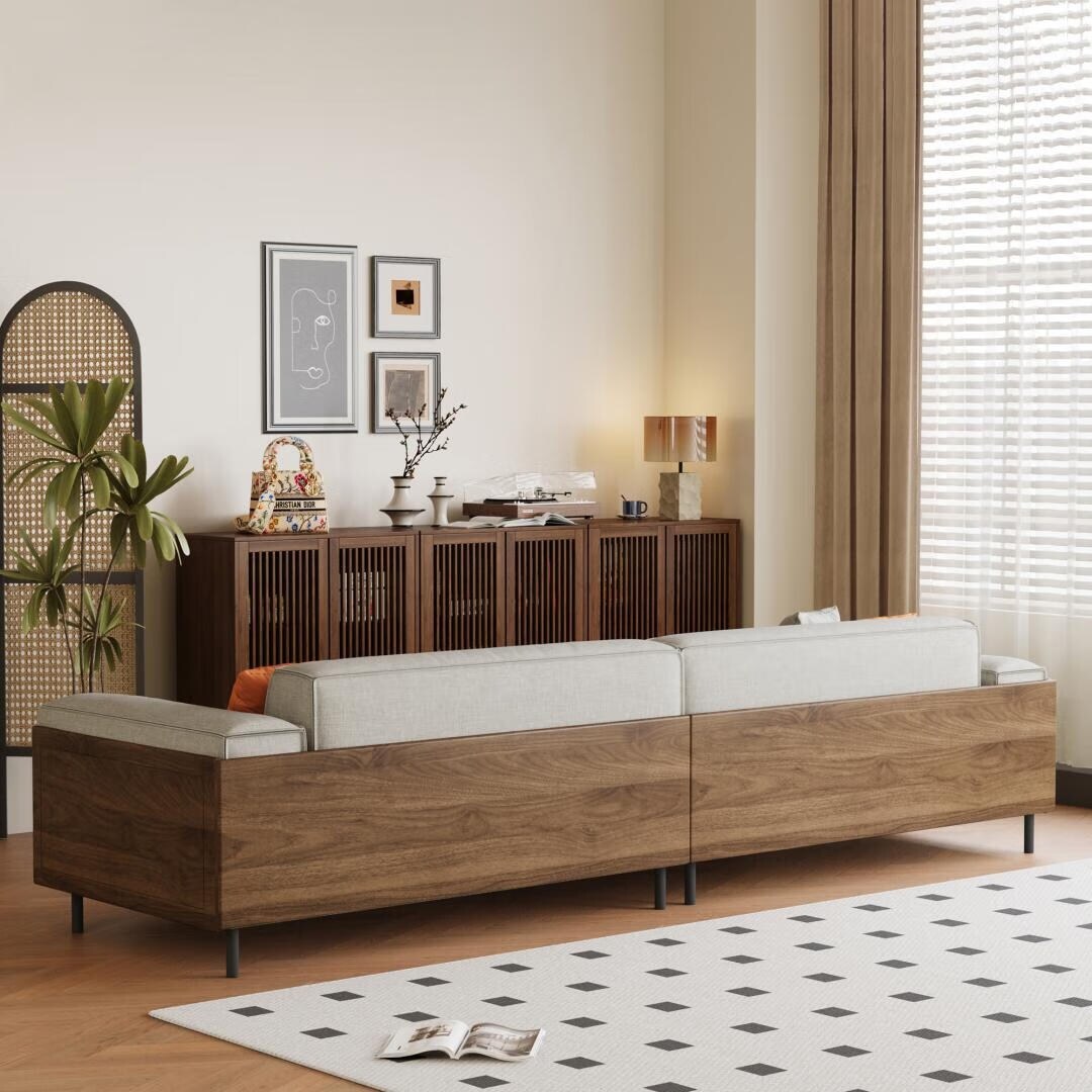 Mid-Century Modern 4 Seater Sofa Walnut Cotton Linen Upholstery, Removable Washable Covers, Deep Cushions with Pillows