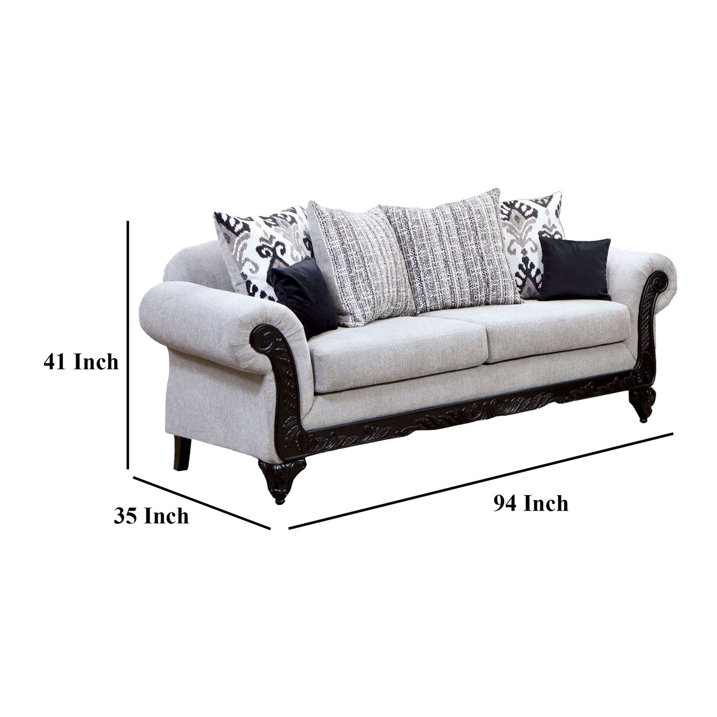 Mezia Sofa, Gray Chenille, 6 Pillows, Black Solid Wood, 94 Inch