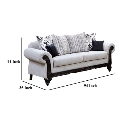 Mezia Sofa, Gray Chenille, 6 Pillows, Black Solid Wood, 94 Inch