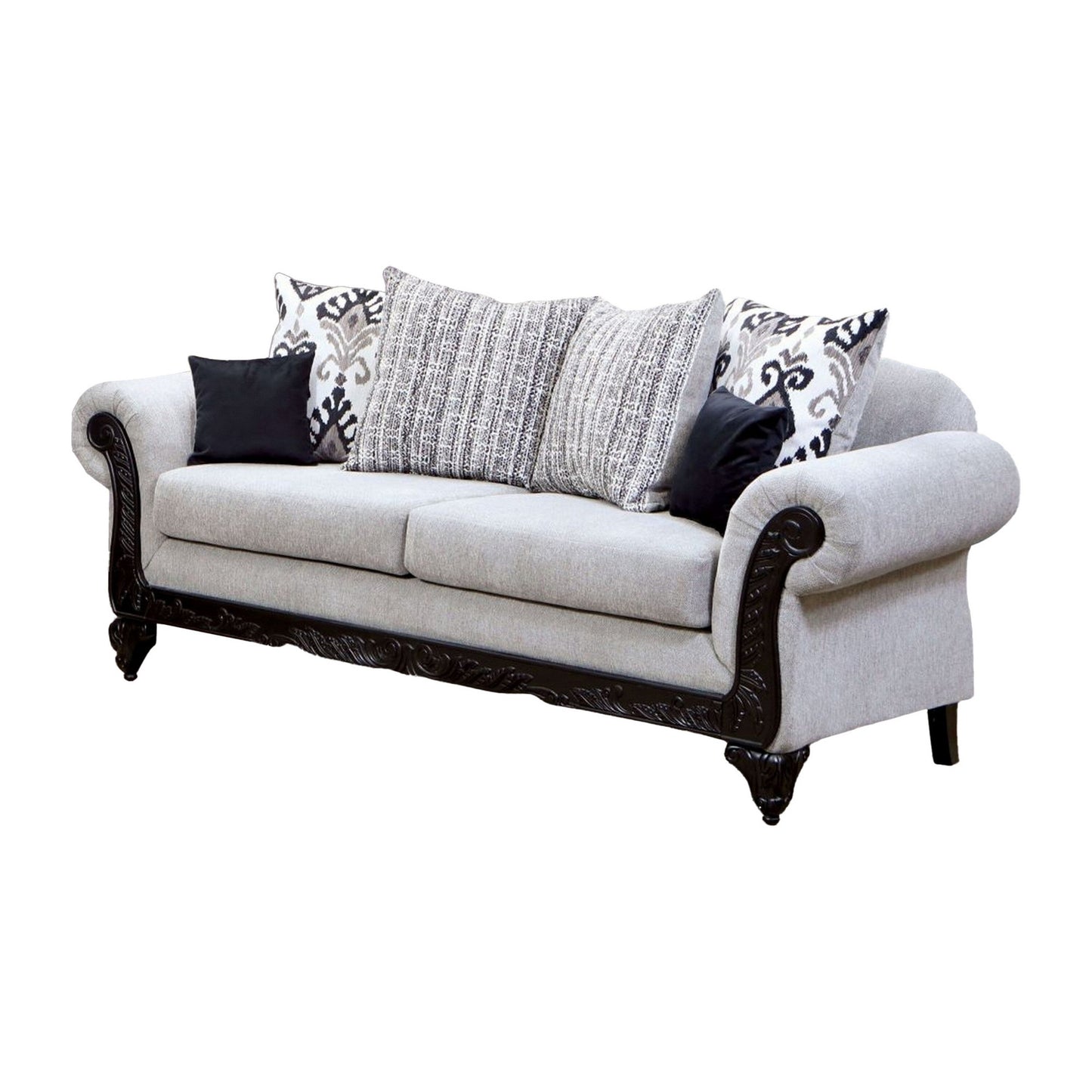 Mezia Sofa, Gray Chenille, 6 Pillows, Black Solid Wood, 94 Inch