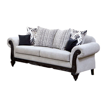 Mezia Sofa, Gray Chenille, 6 Pillows, Black Solid Wood, 94 Inch