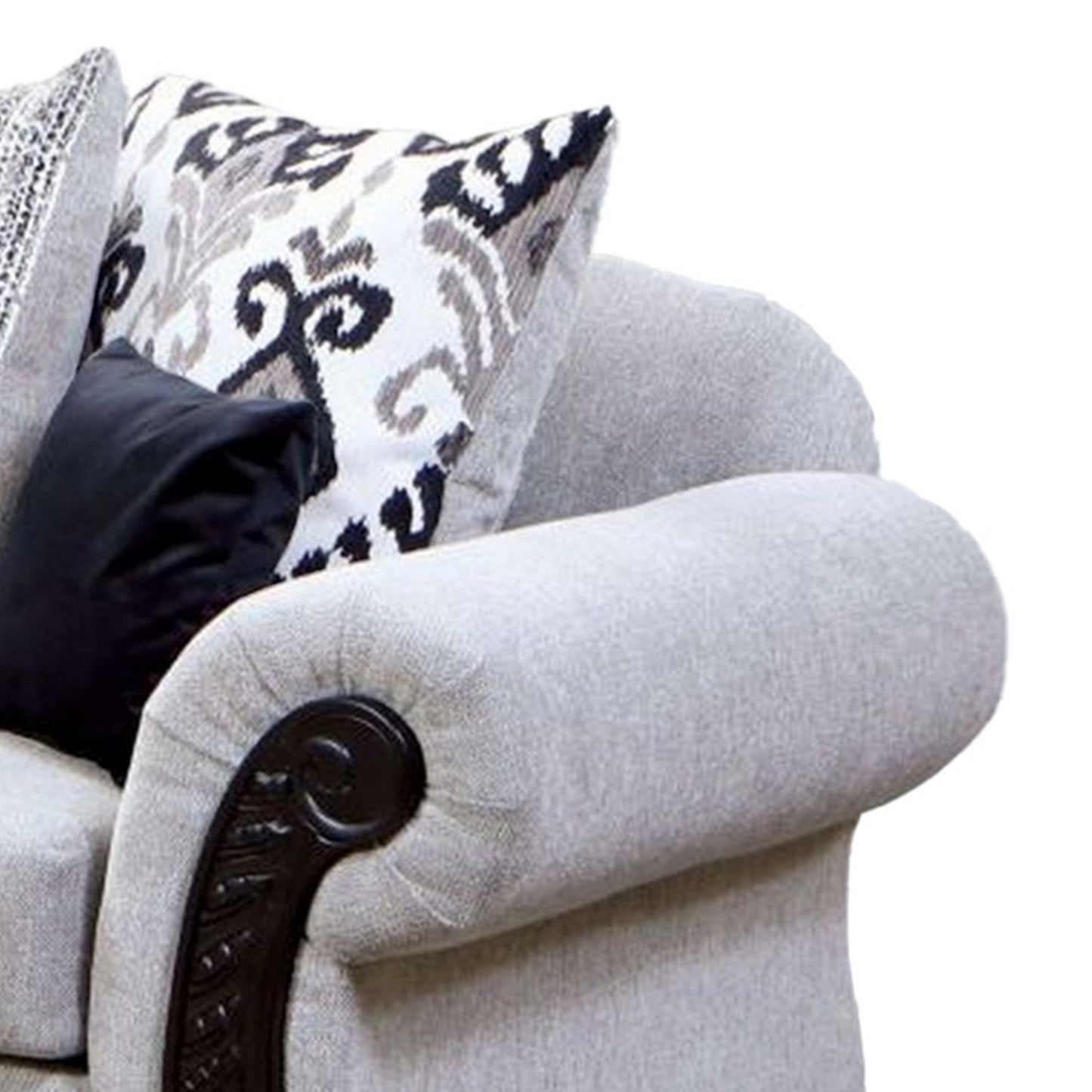 Mezia Sofa, Gray Chenille, 6 Pillows, Black Solid Wood, 94 Inch