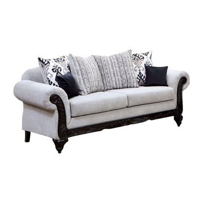 Mezia Sofa, Gray Chenille, 6 Pillows, Black Solid Wood, 94 Inch