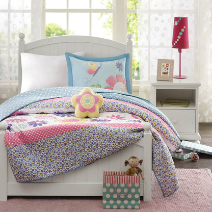 Intelligent Design Kids Blooming Butterflies Reversible Quilt Set with Throw Pillow