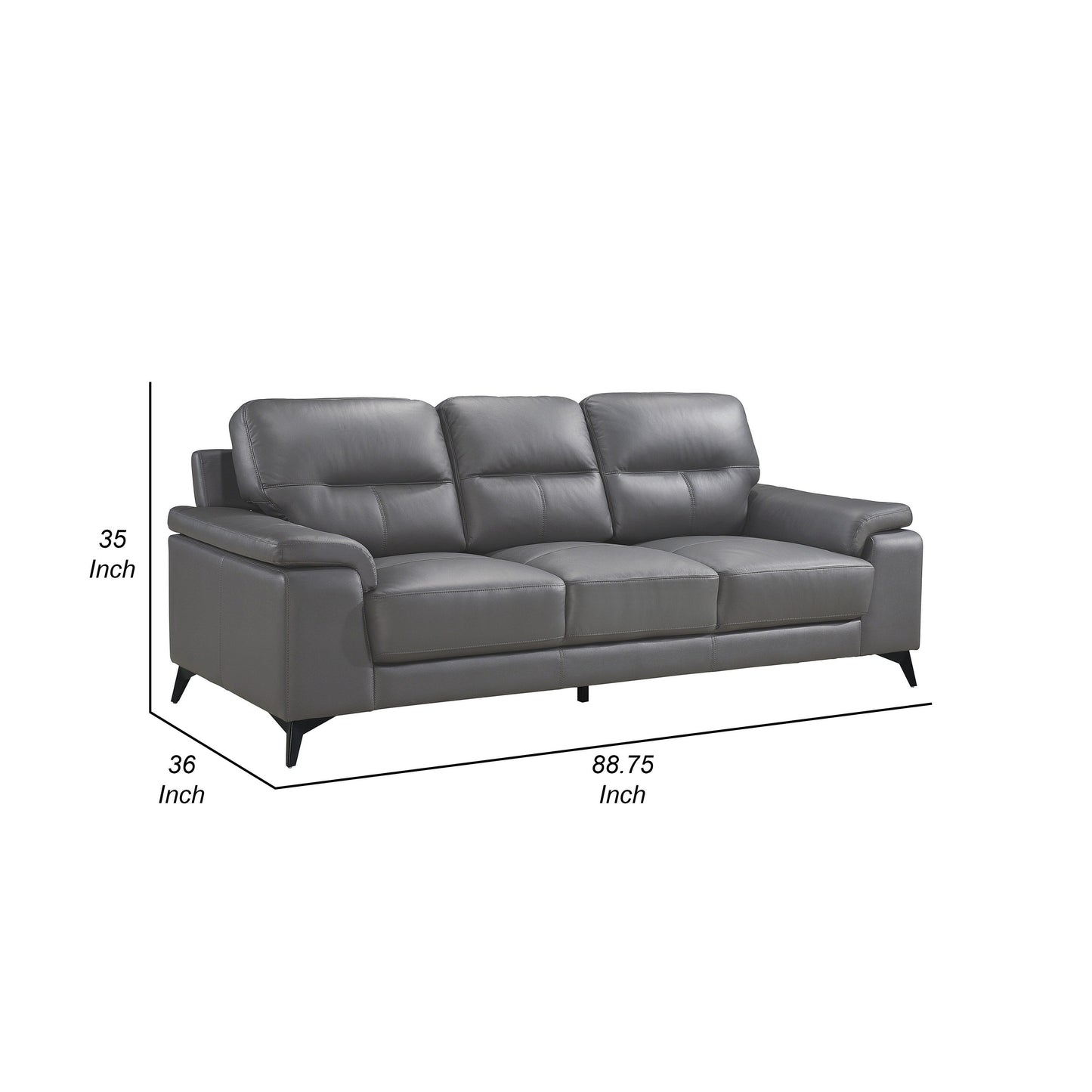 Mica Sofa, Dark Gray Top Grain Leather Foam Cushions, 89 Inch
