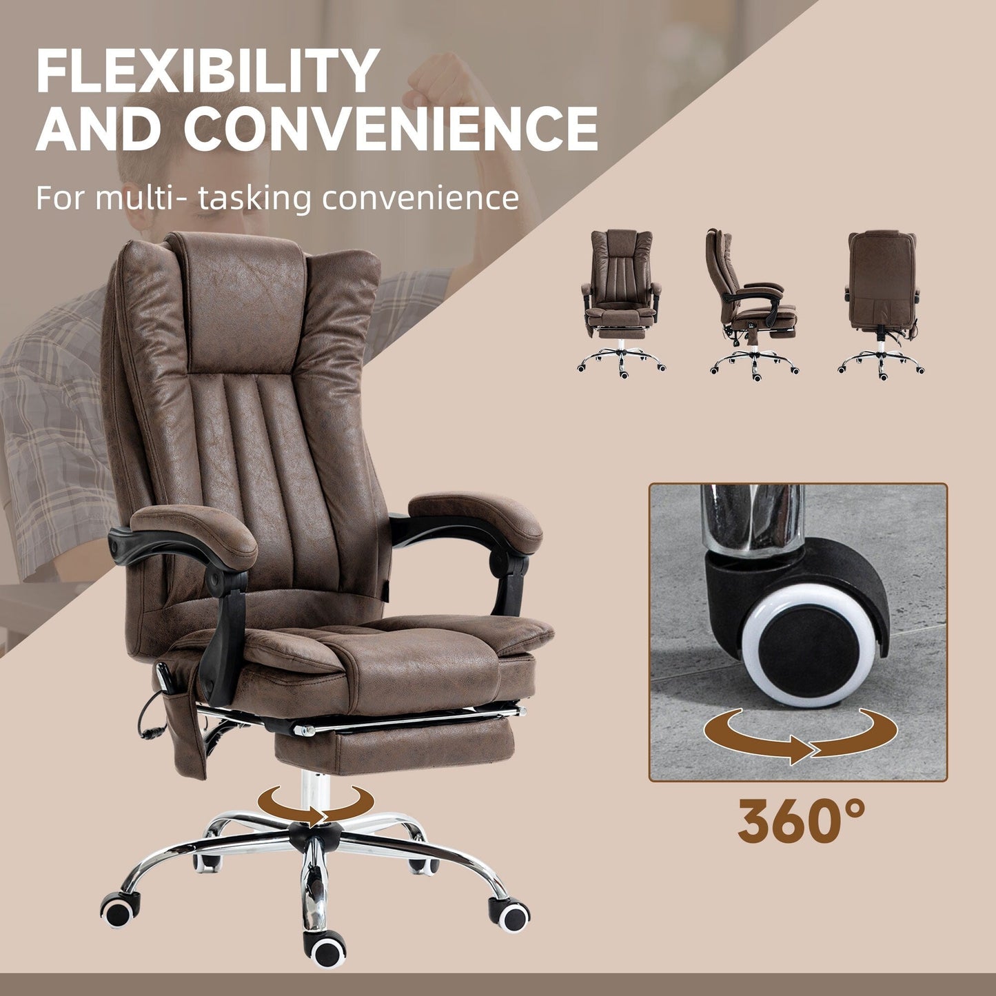 Microfiber Massage Desk Chair with Heat, Adjustable Recline, Retractable Footrest & High Back Support