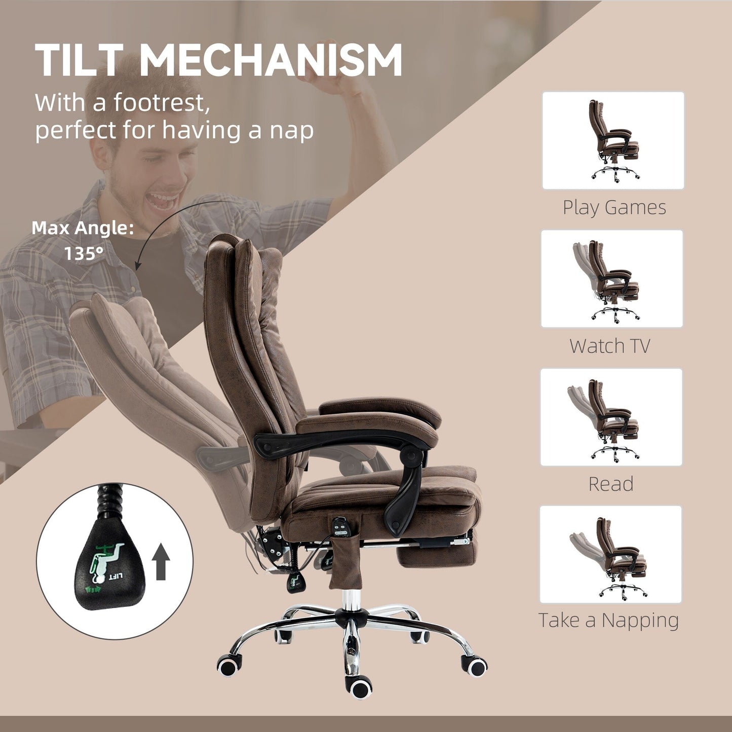 Microfiber Massage Desk Chair with Heat, Adjustable Recline, Retractable Footrest & High Back Support
