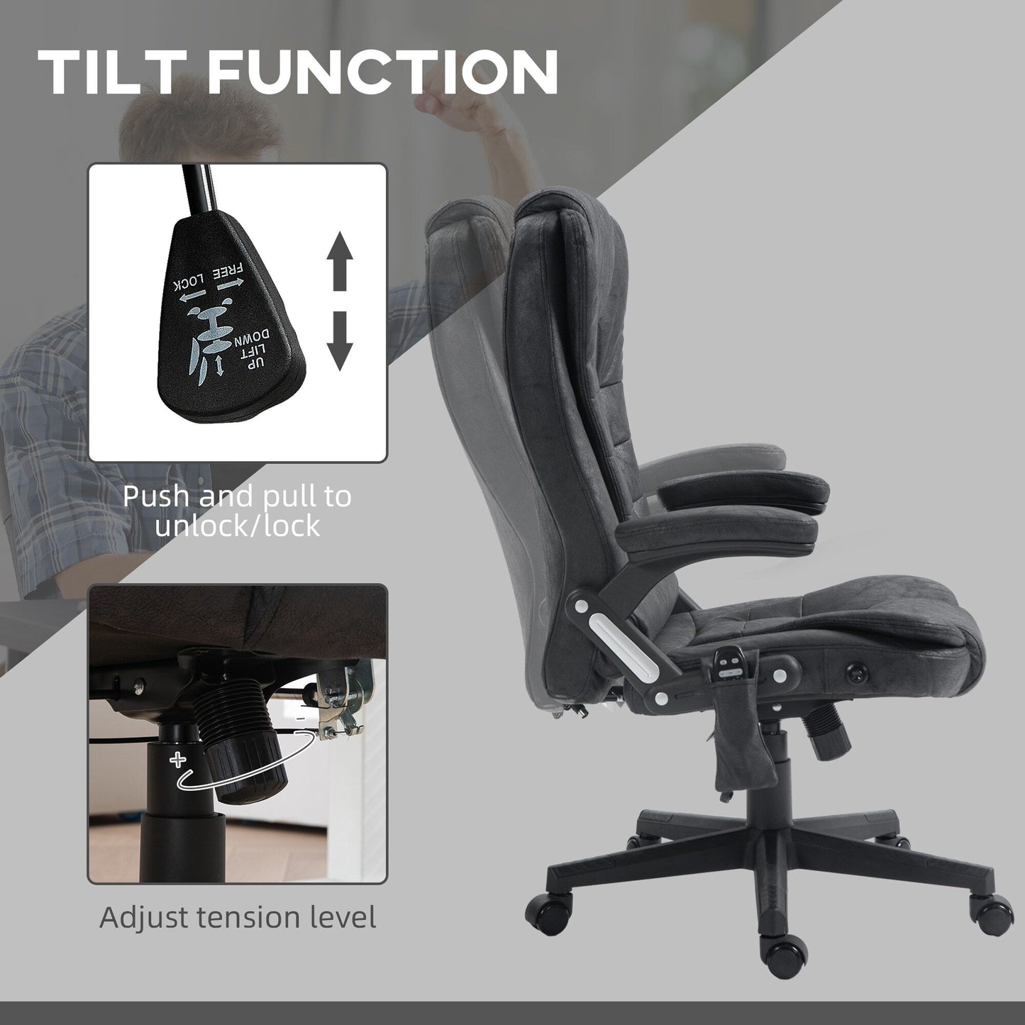 Microfiber Massage Office Chair with Heat, 6-Point Vibration, Adjustable Reclining Backrest, Padded Armrests, Remote Control