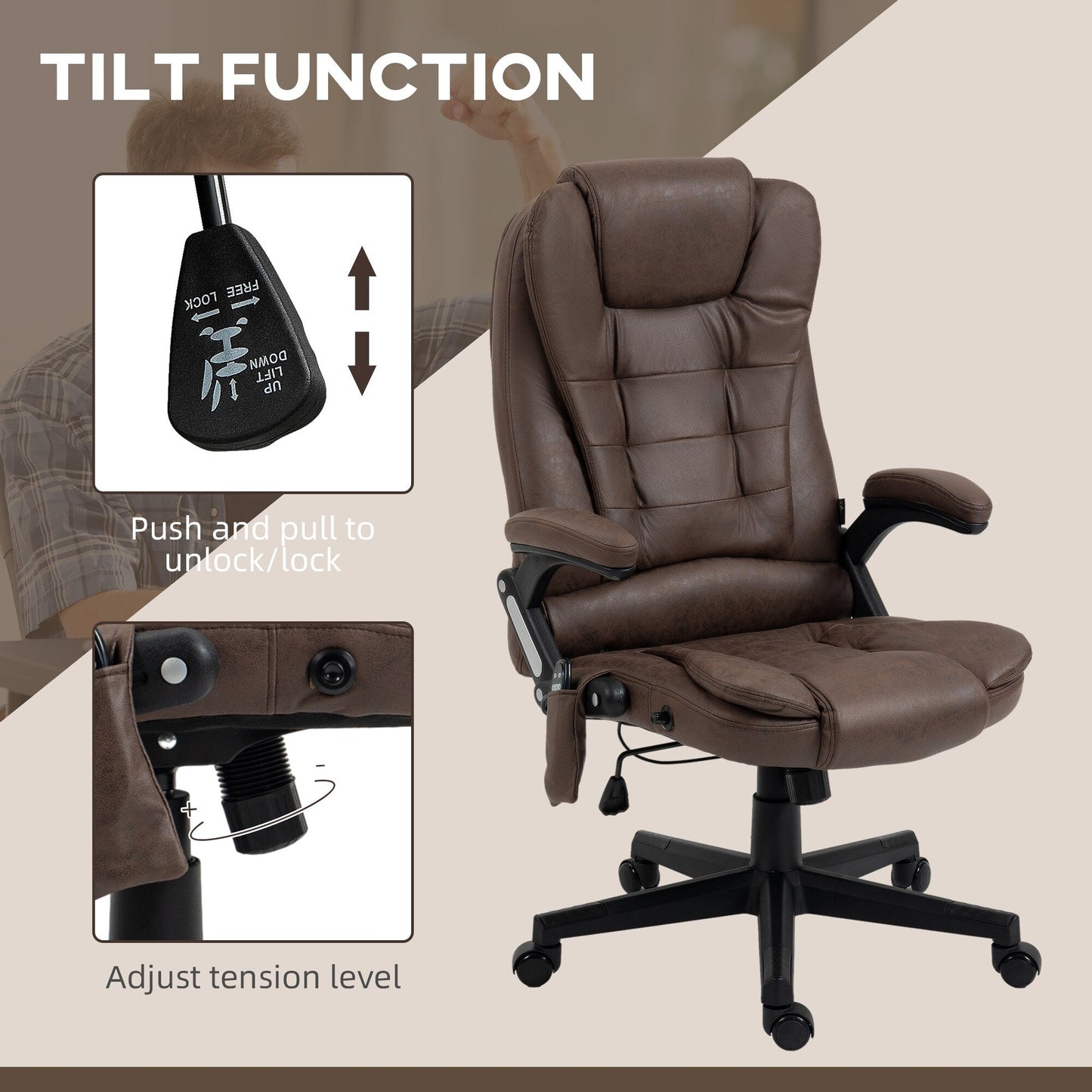 Microfiber Massage Office Chair with Heat, 6-Point Vibration, Adjustable Reclining Backrest, Padded Armrests, Remote Control