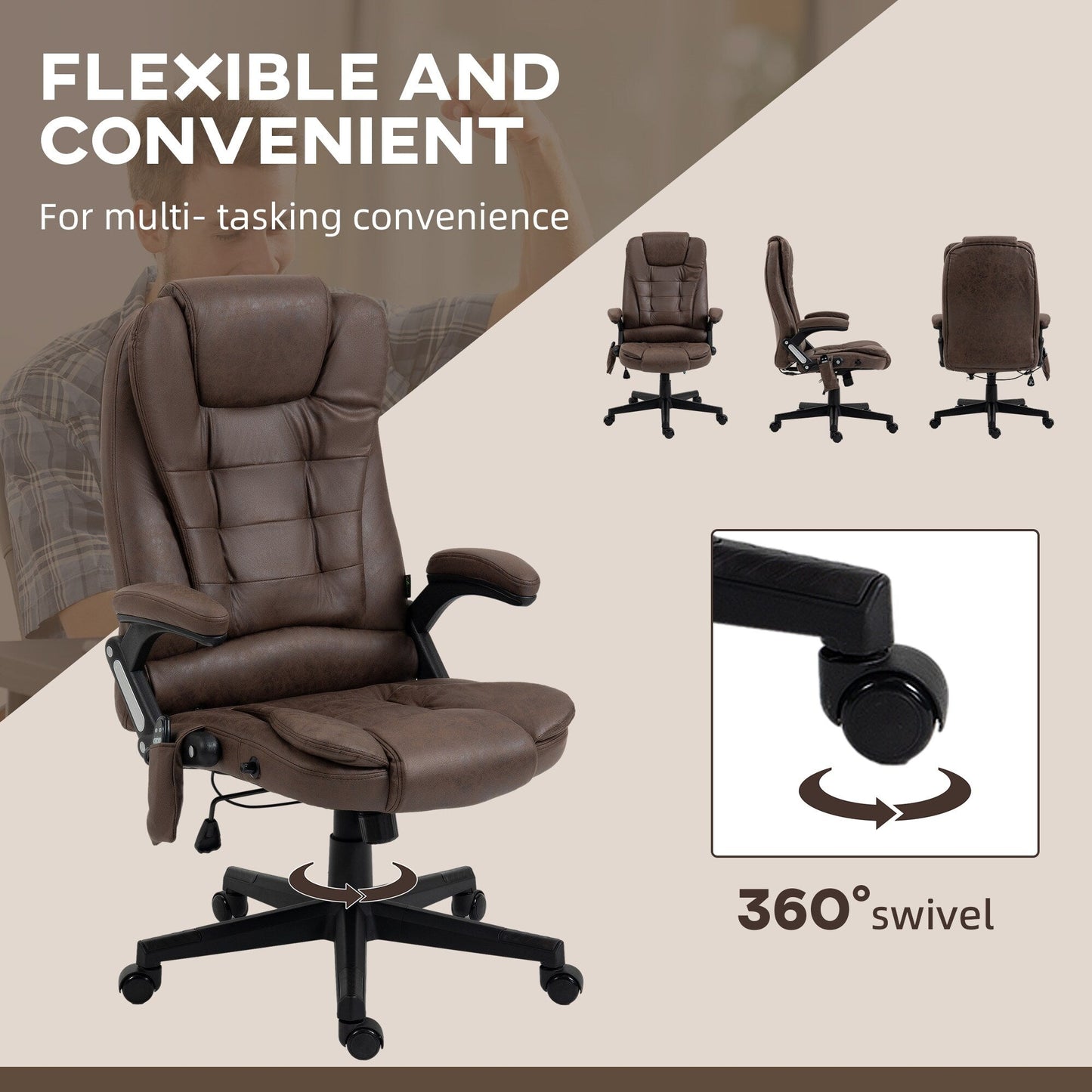 Microfiber Massage Office Chair with Heat, 6-Point Vibration, Adjustable Reclining Backrest, Padded Armrests, Remote Control