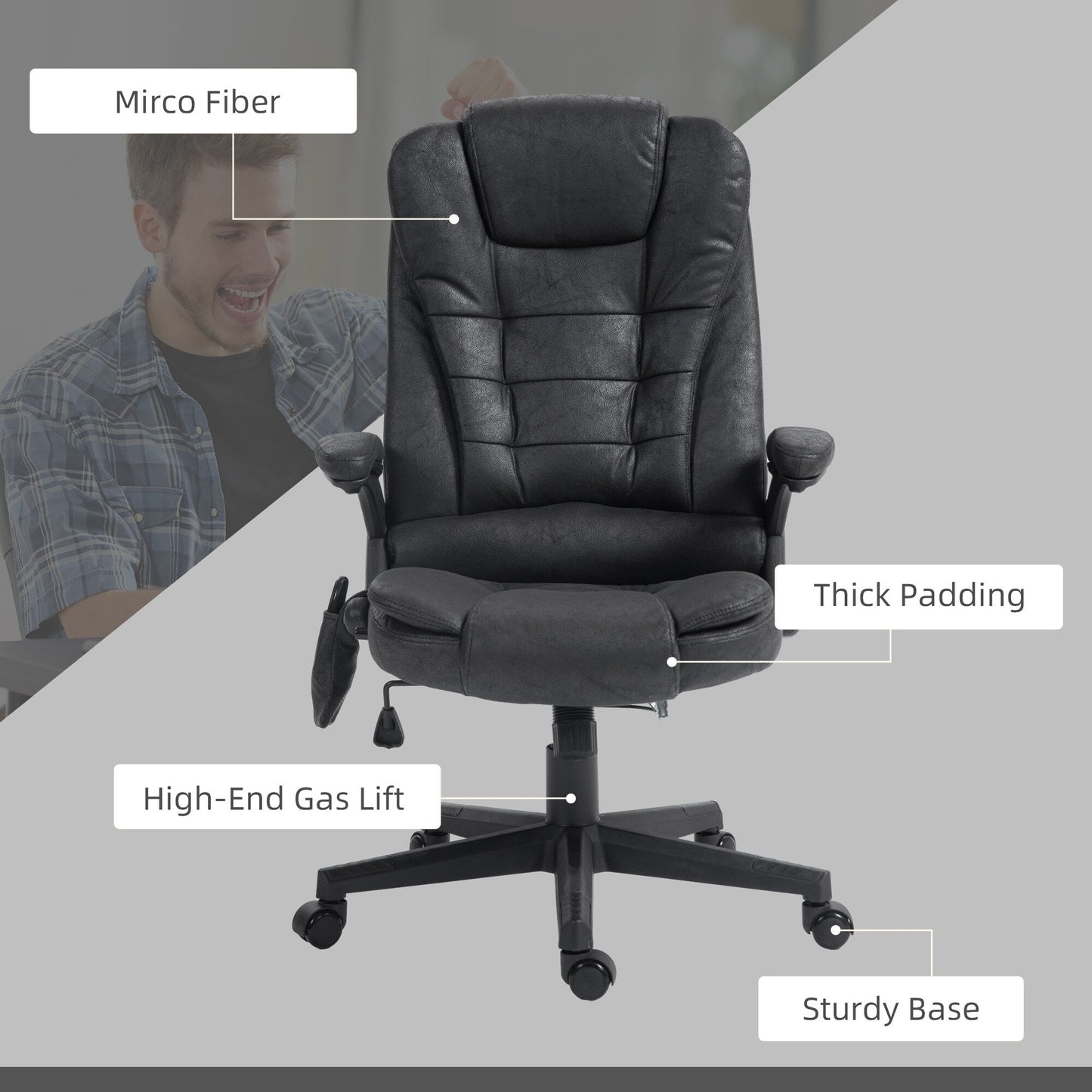Microfiber Massage Office Chair with Heat, 6-Point Vibration, Adjustable Reclining Backrest, Padded Armrests, Remote Control