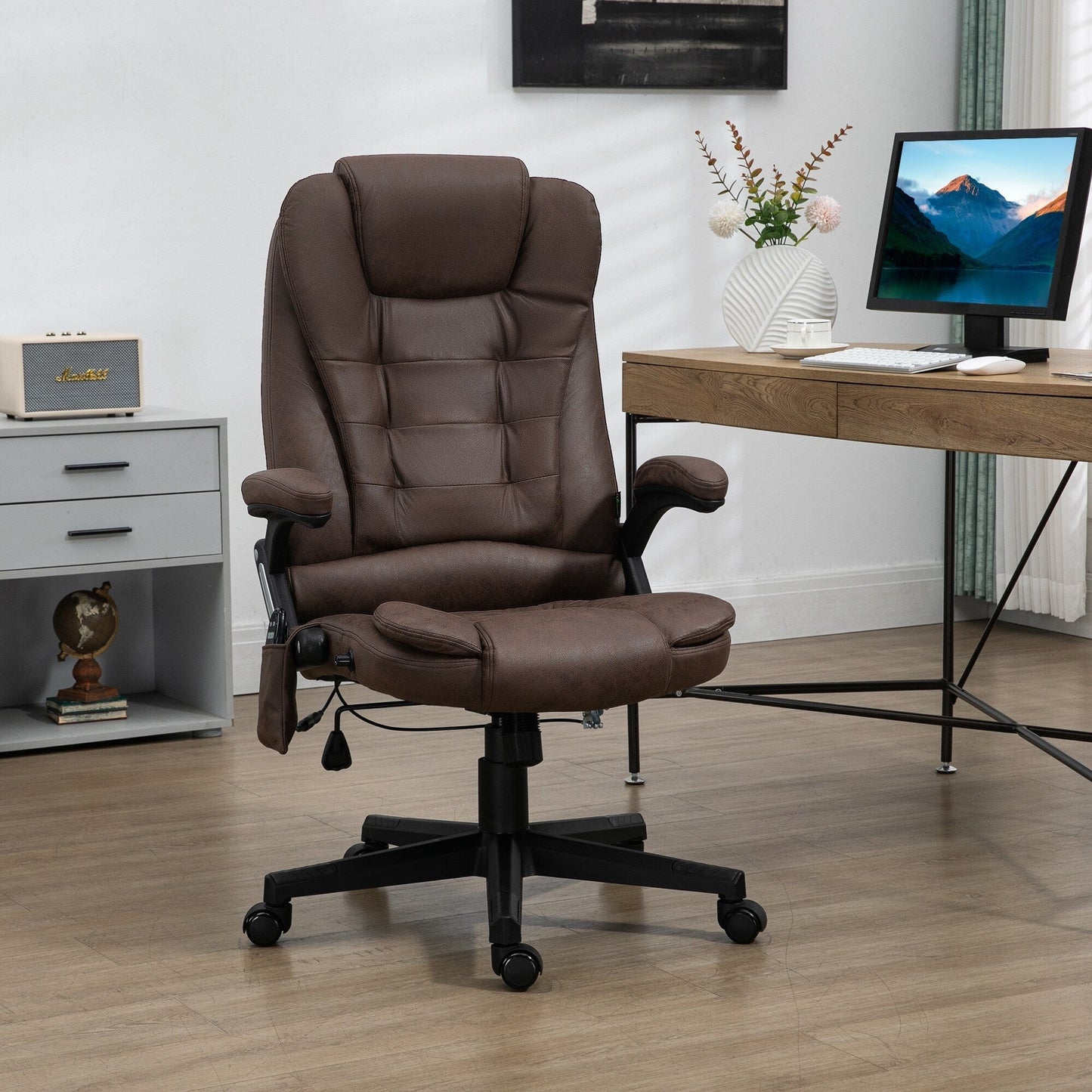 Microfiber Massage Office Chair with Heat, 6-Point Vibration, Adjustable Reclining Backrest, Padded Armrests, Remote Control