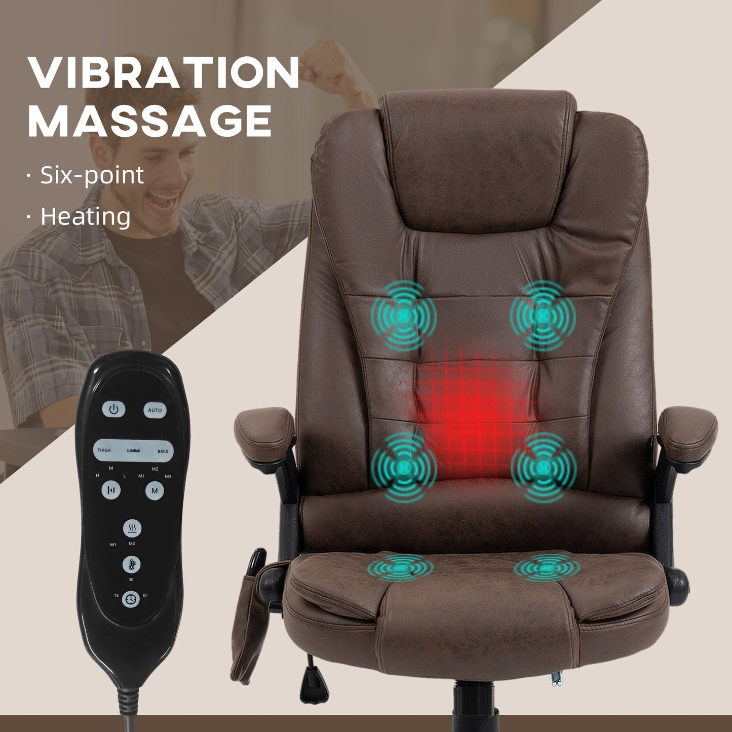 Microfiber Massage Office Chair with Heat, 6-Point Vibration, Adjustable Reclining Backrest, Padded Armrests, Remote Control