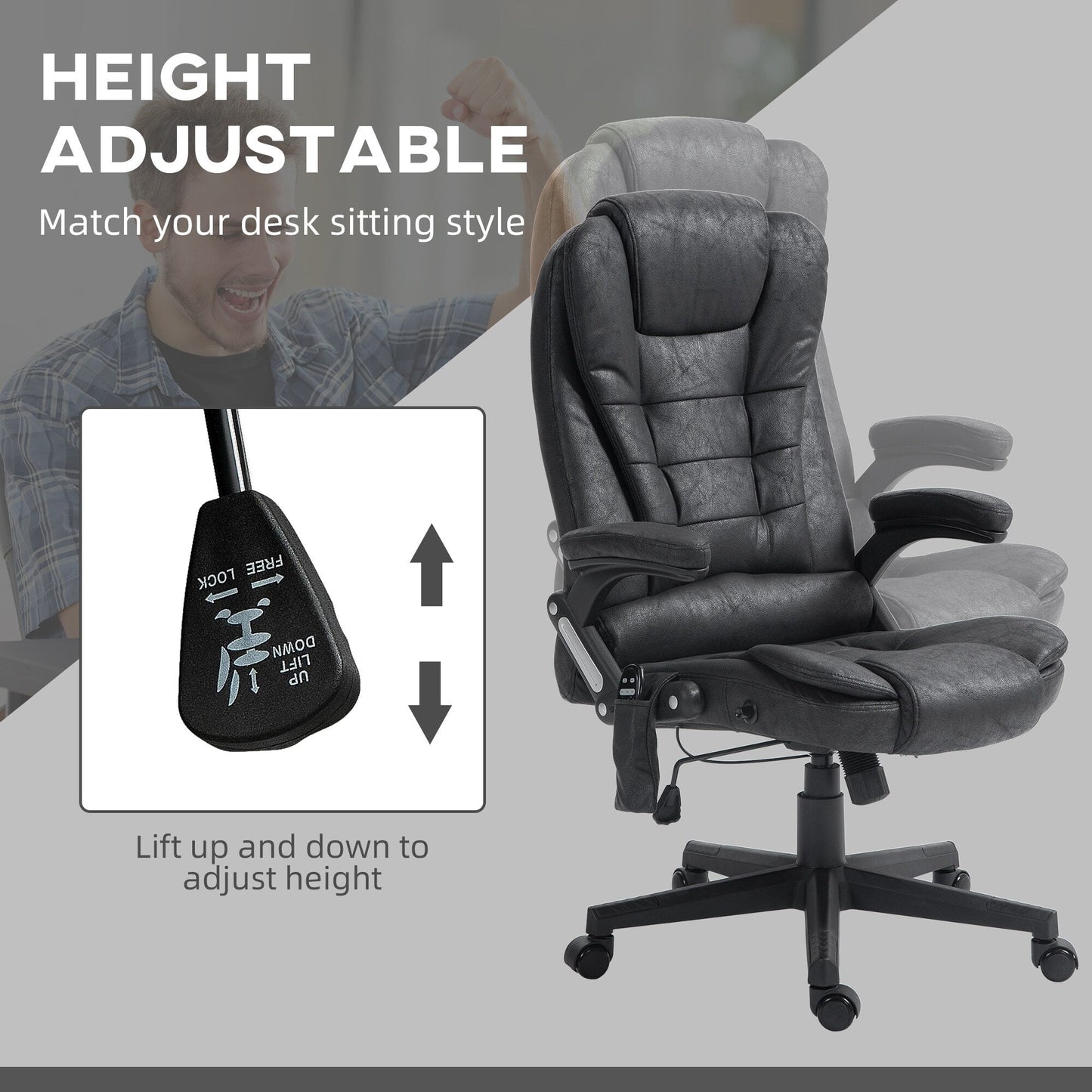 Microfiber Massage Office Chair with Heat, 6-Point Vibration, Adjustable Reclining Backrest, Padded Armrests, Remote Control
