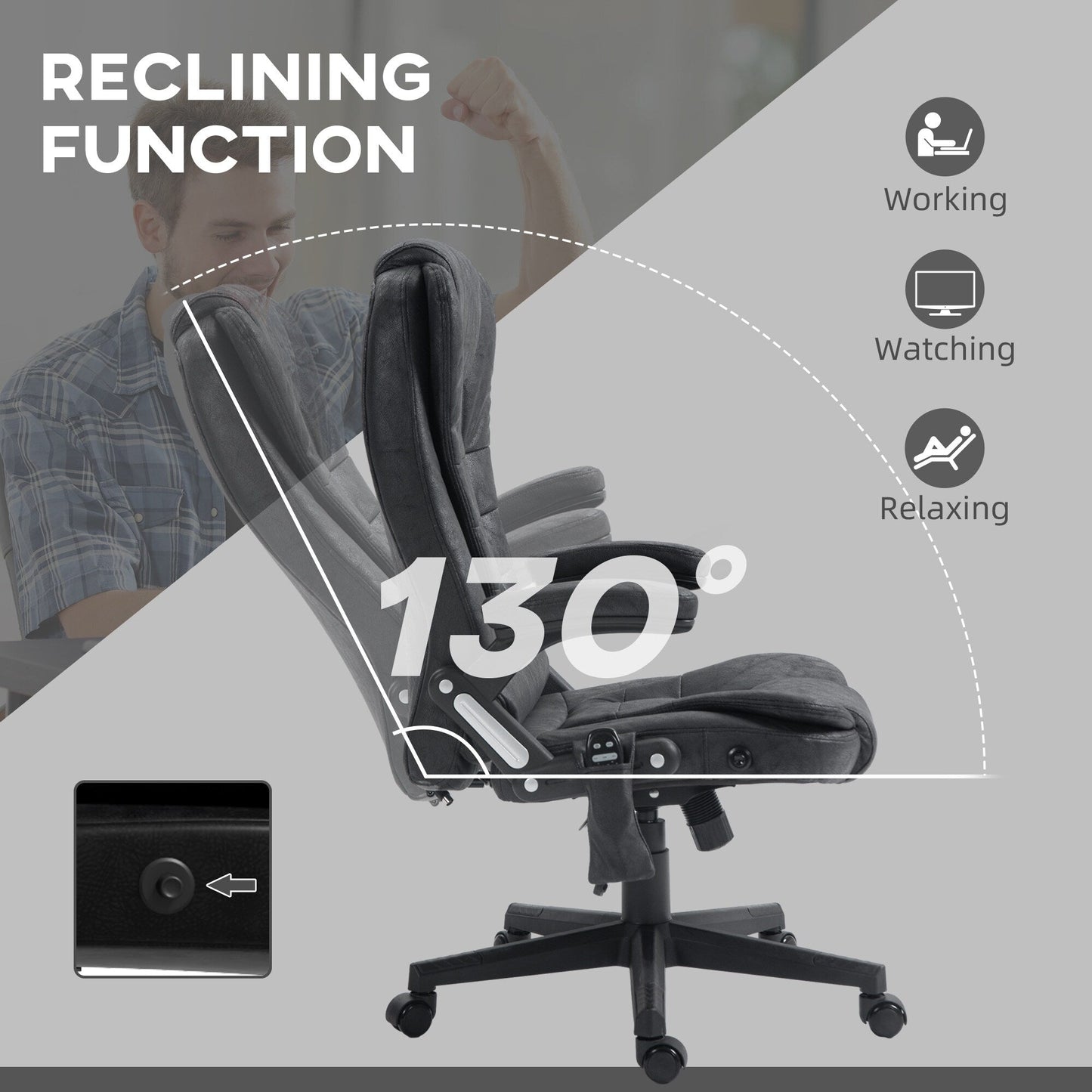 Microfiber Massage Office Chair with Heat, 6-Point Vibration, Adjustable Reclining Backrest, Padded Armrests, Remote Control