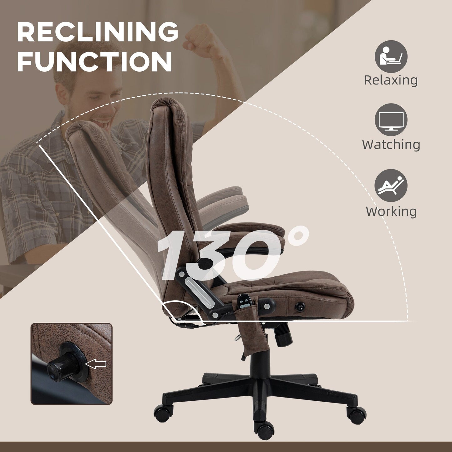 Microfiber Massage Office Chair with Heat, 6-Point Vibration, Adjustable Reclining Backrest, Padded Armrests, Remote Control