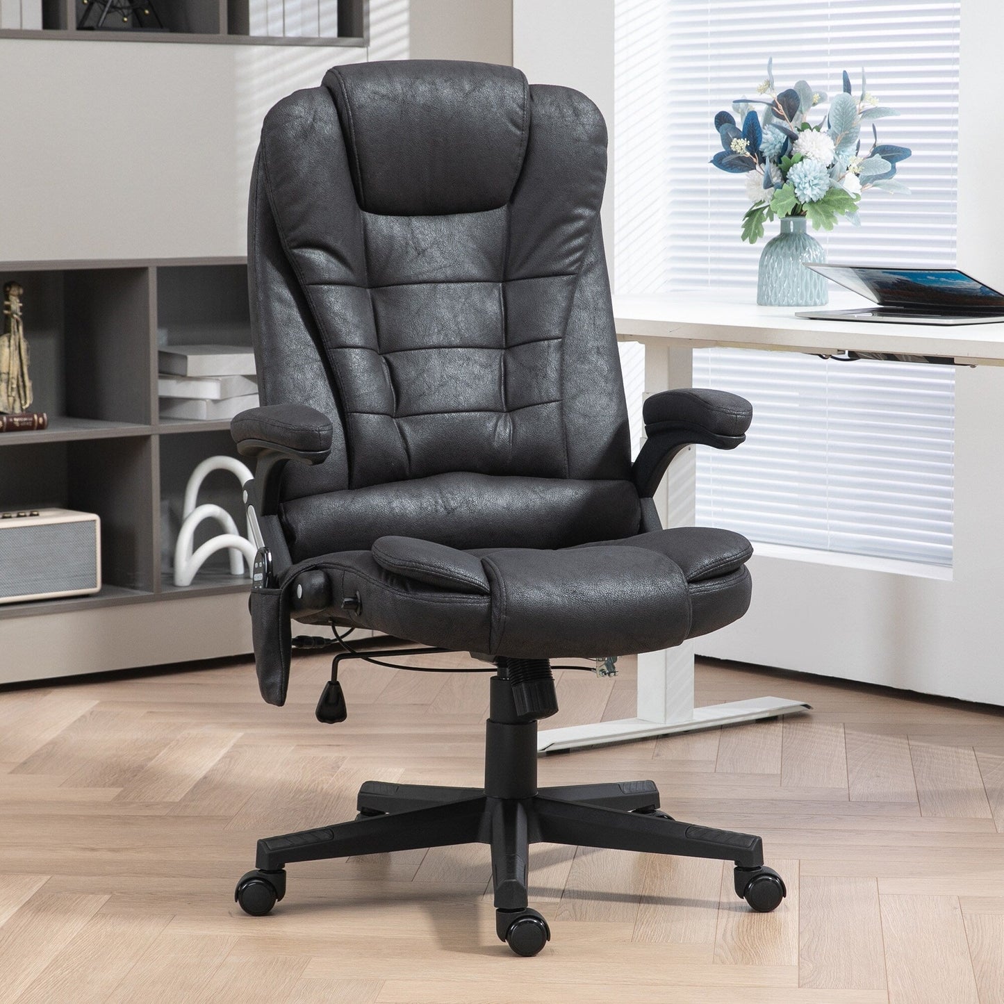 Microfiber Massage Office Chair with Heat, 6-Point Vibration, Adjustable Reclining Backrest, Padded Armrests, Remote Control