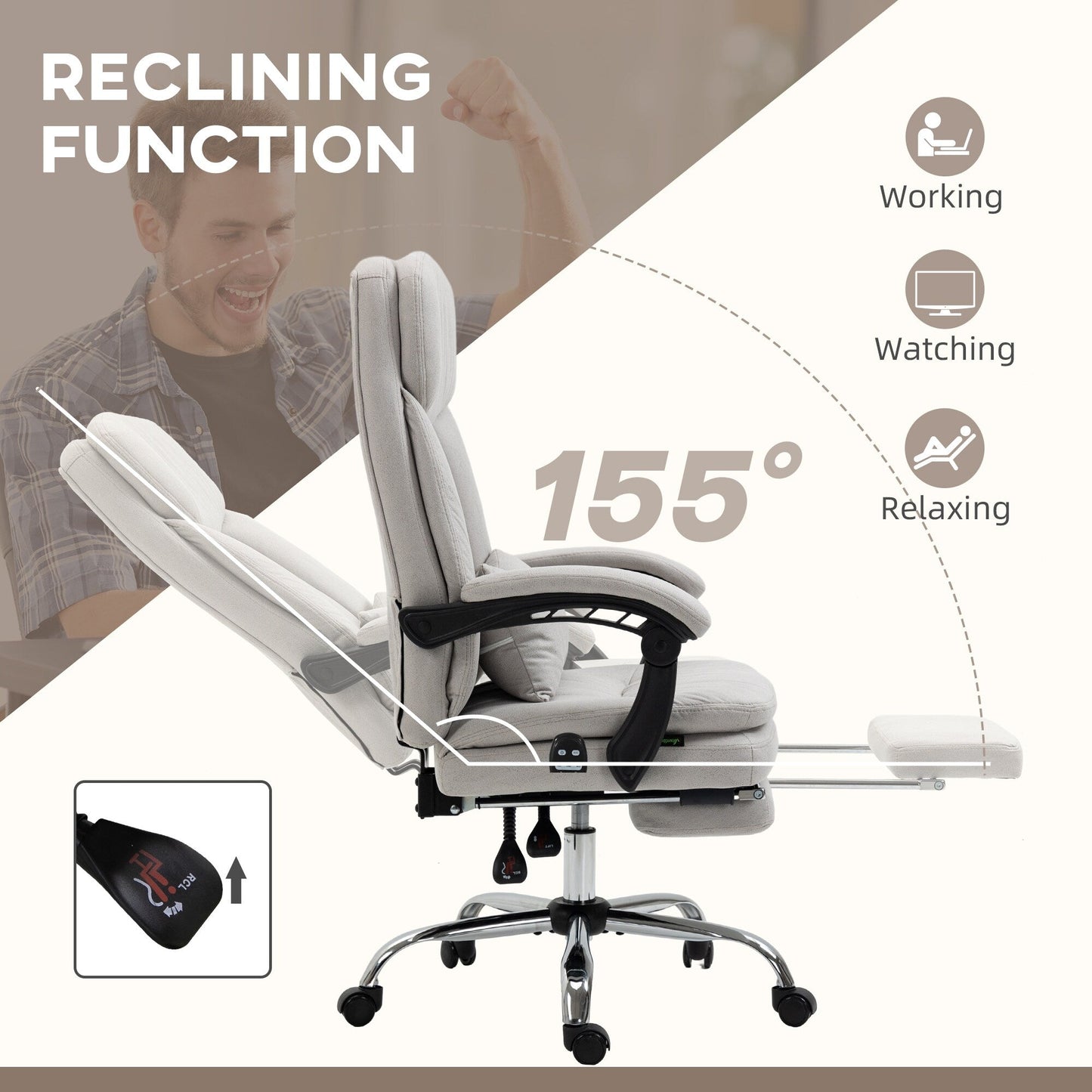 Microfibre 360Â° Swivel Office Recliner with Vibration Massage, Lumbar Heating, Lumbar Pillow, Footrest, Adjustable Height
