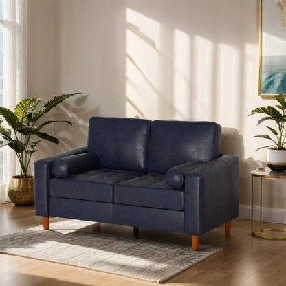 Mid-Century Leather Couch with Hand-Stitched Comfort Cushion and Bolster Pillows