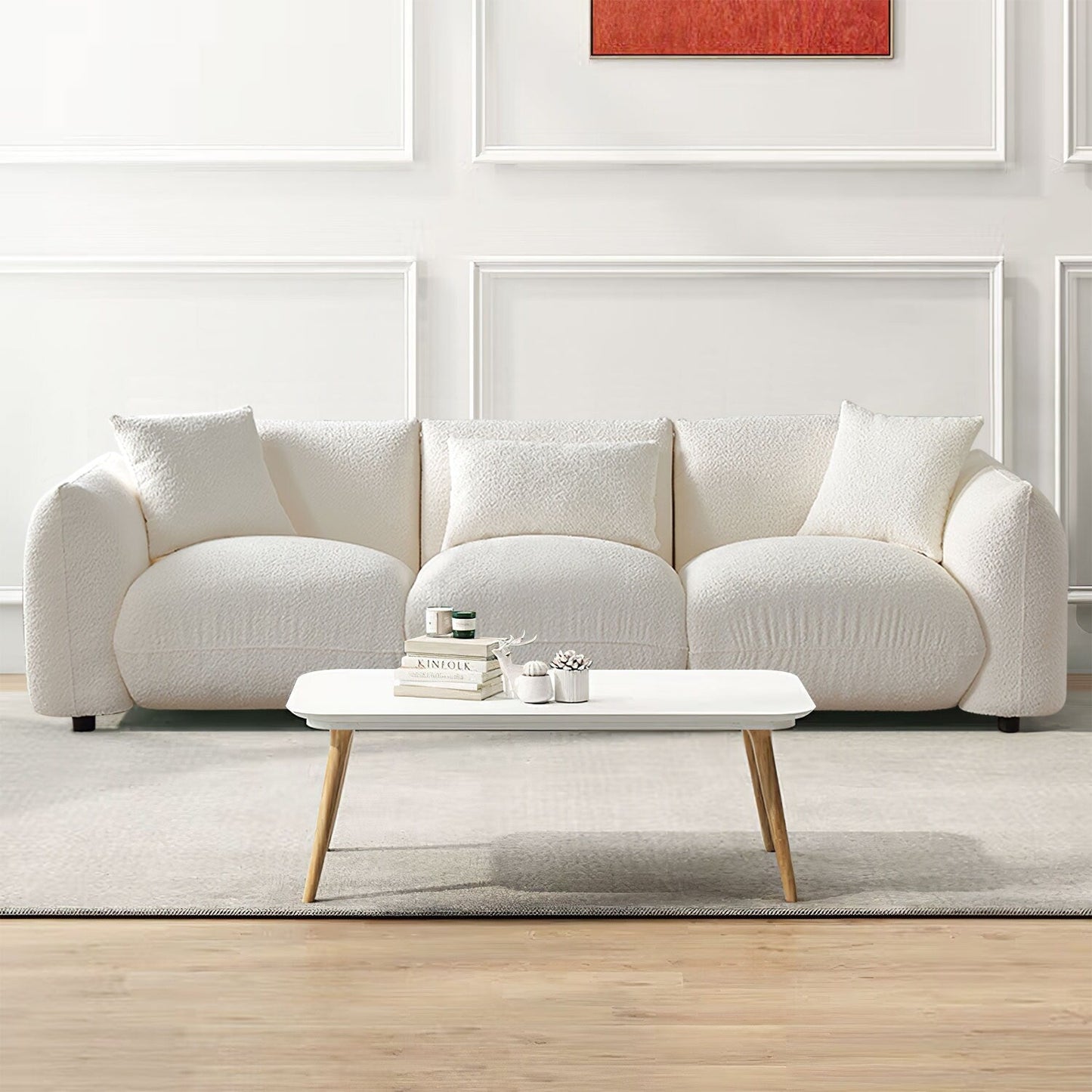 Mid Century Modern 102.36 Boucle Upholstered 3-seater Sofa with Pillows for Livingroom