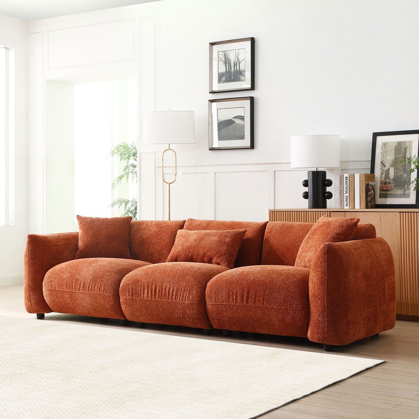 Mid Century Modern 102.36 Boucle Upholstered 3-seater Sofa with Pillows for Livingroom