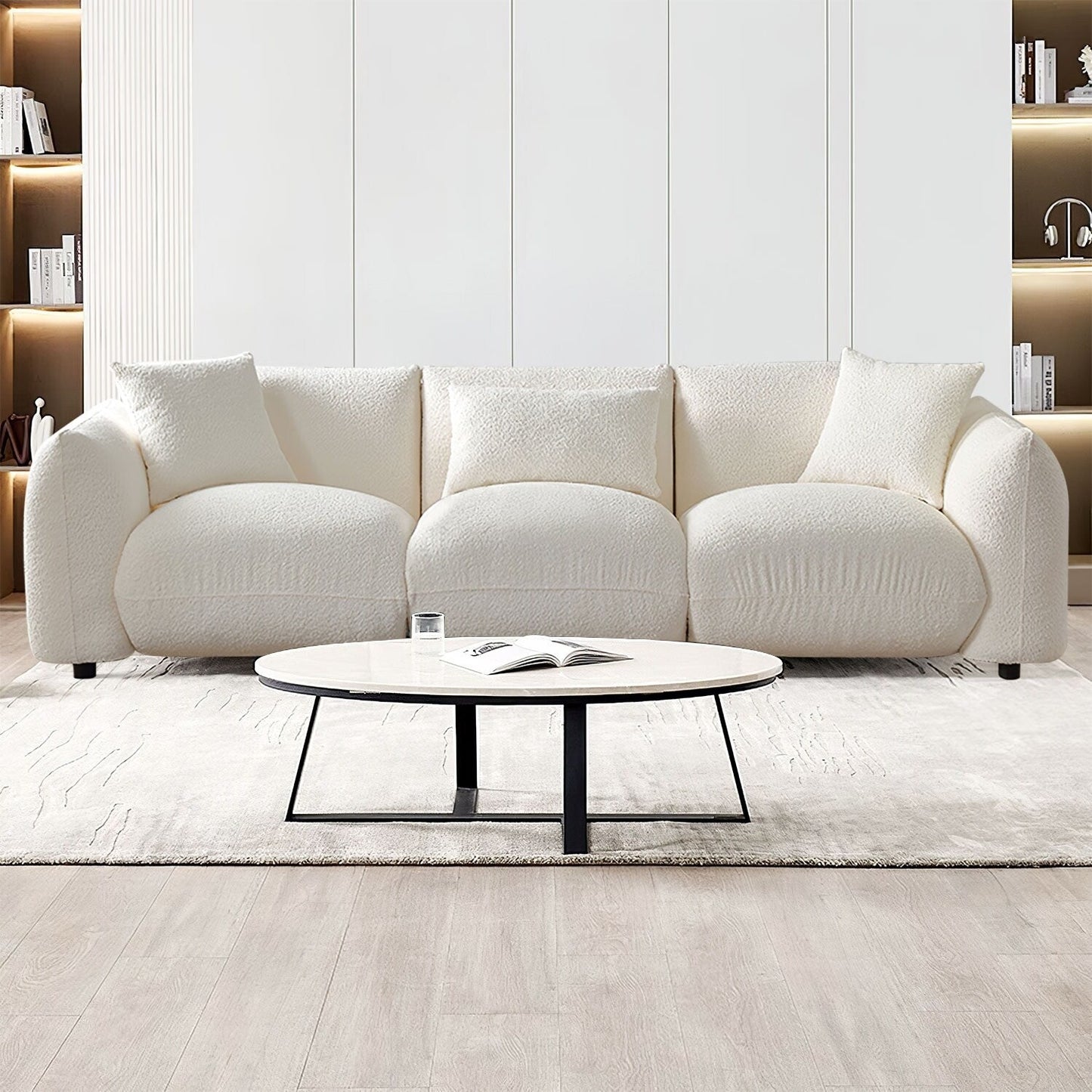 Mid Century Modern 102.36 Boucle Upholstered 3-seater Sofa with Pillows for Livingroom