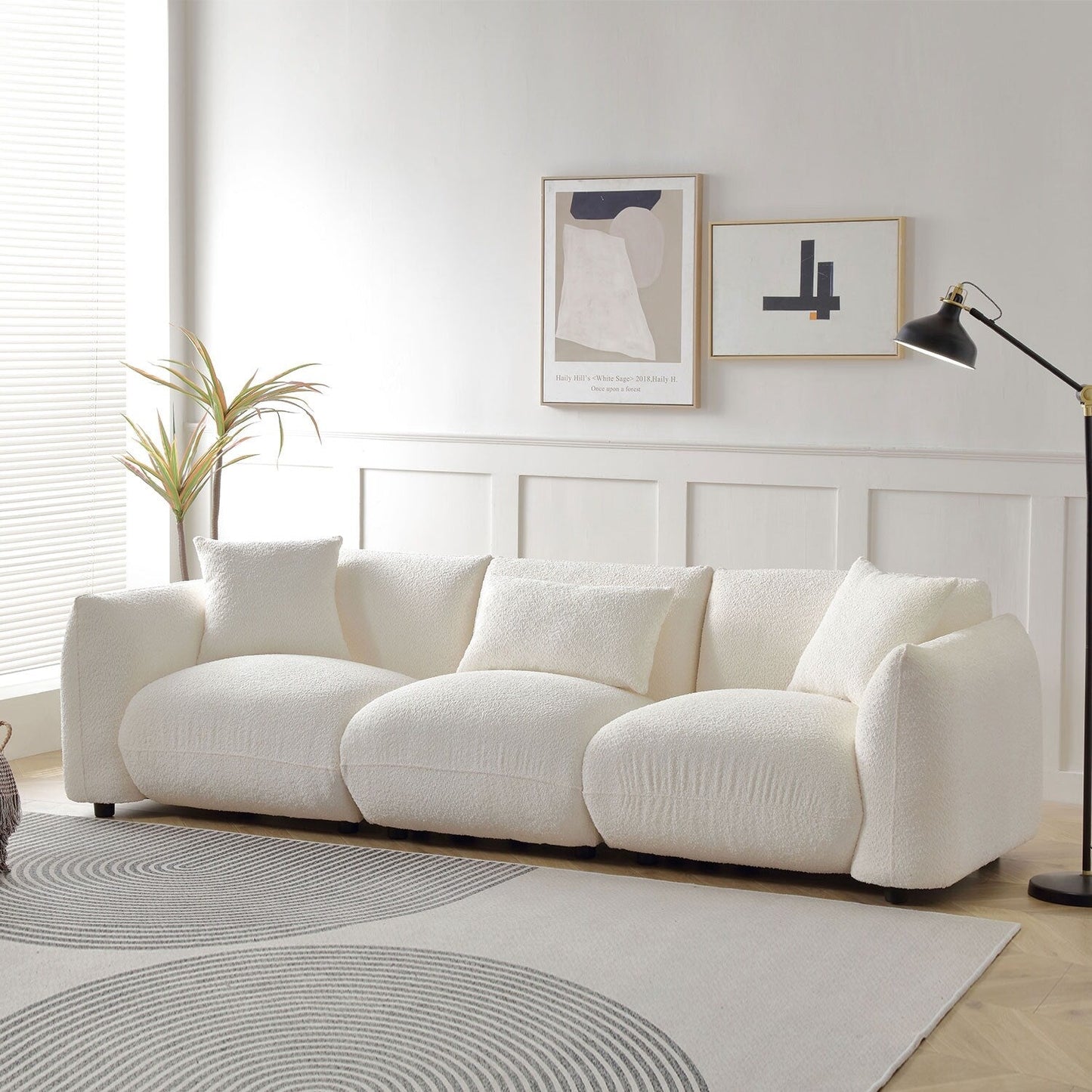 Mid Century Modern 102.36 Boucle Upholstered 3-seater Sofa with Pillows for Livingroom