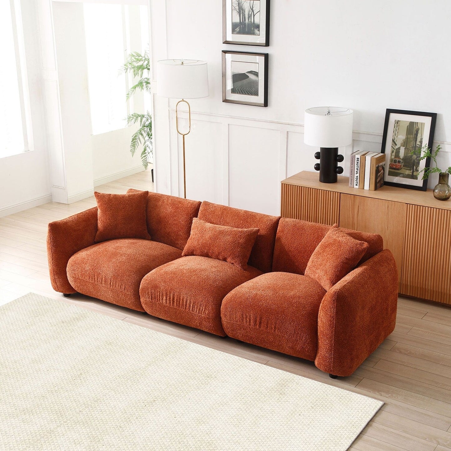 Mid Century Modern 102.36 Boucle Upholstered 3-seater Sofa with Pillows for Livingroom