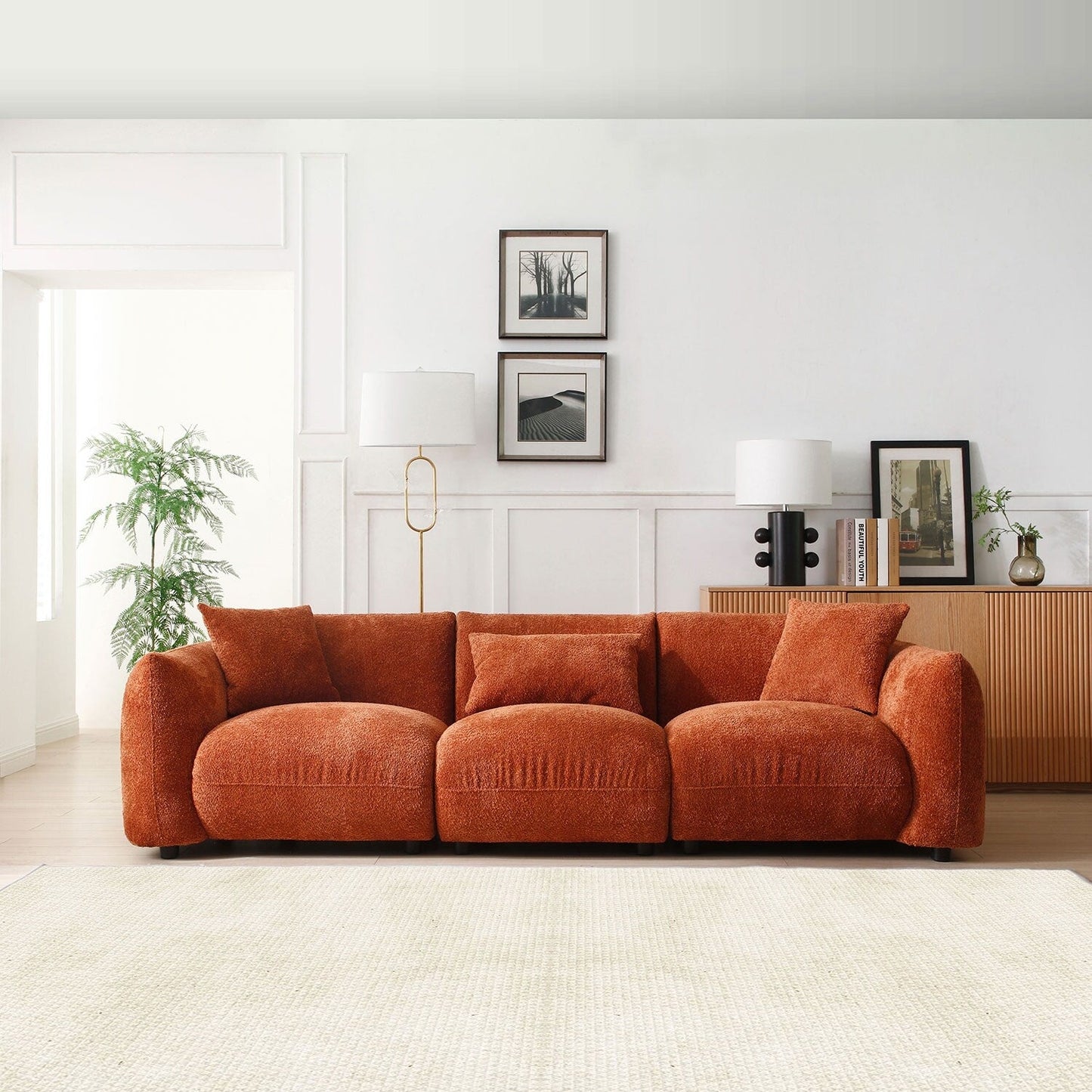 Mid Century Modern 102.36 Boucle Upholstered 3-seater Sofa with Pillows for Livingroom