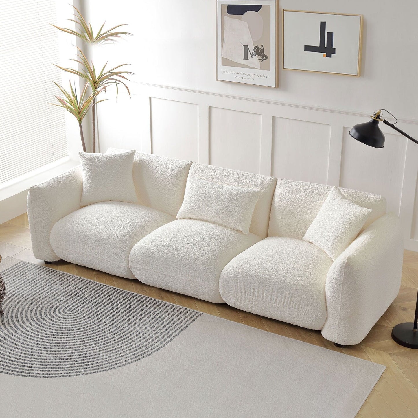 Mid Century Modern 102.36 Boucle Upholstered 3-seater Sofa with Pillows for Livingroom