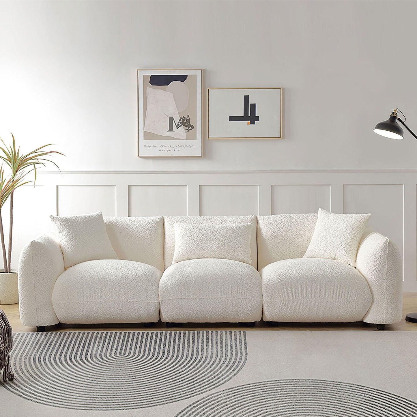 Mid Century Modern 102.36 Boucle Upholstered 3-seater Sofa with Pillows for Livingroom