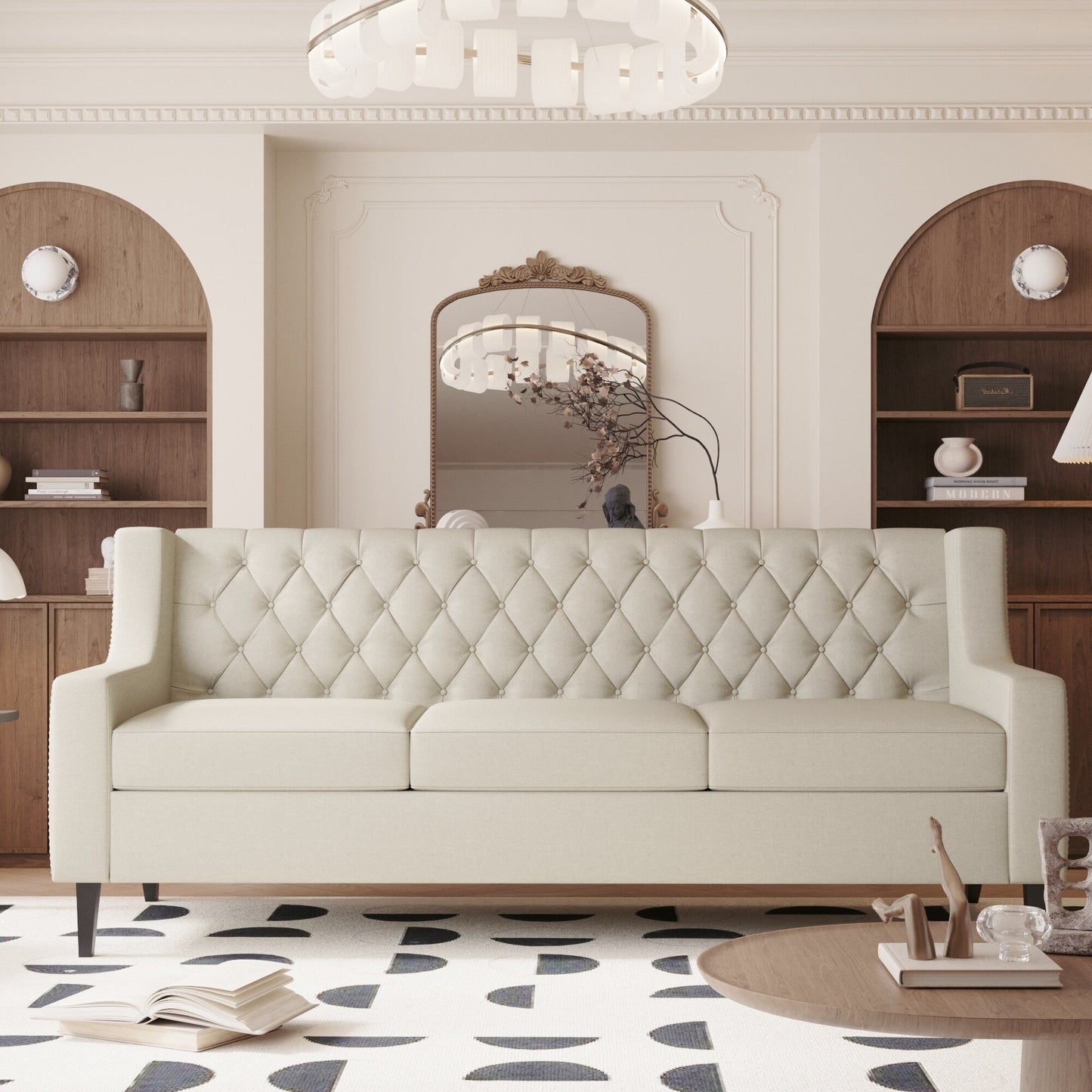 Mid Century Modern 78.75 Polyester 3-seater Sofa with Button Tufted Backrest and Comfy Cushion for Living Room
