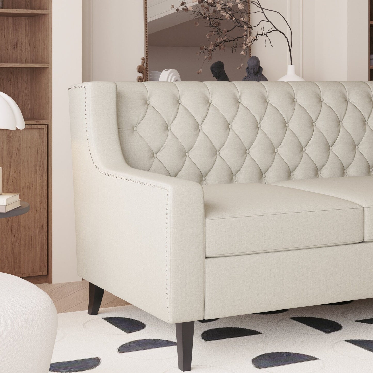 Mid Century Modern 78.75 Polyester 3-seater Sofa with Button Tufted Backrest and Comfy Cushion for Living Room