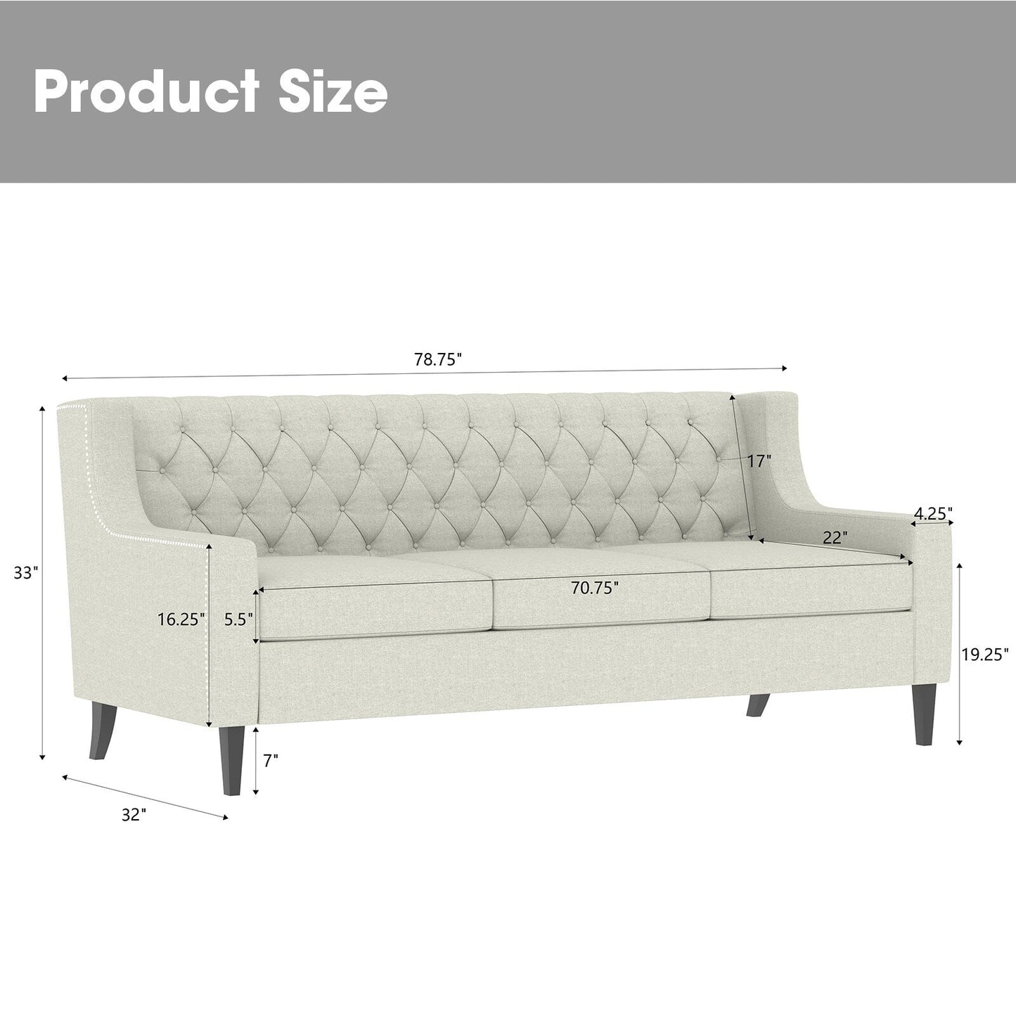 Mid Century Modern 78.75 Polyester 3-seater Sofa with Button Tufted Backrest and Comfy Cushion for Living Room