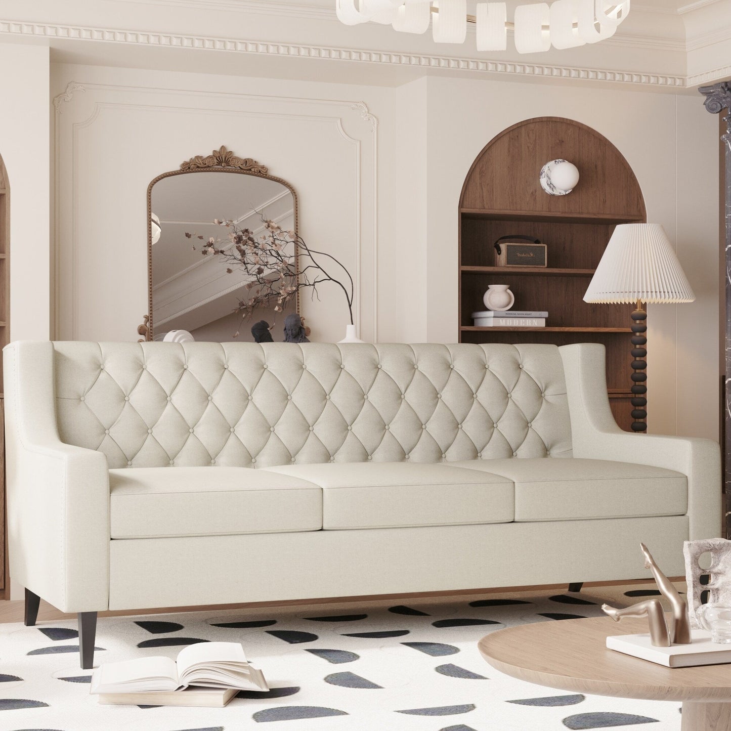 Mid Century Modern 78.75 Polyester 3-seater Sofa with Button Tufted Backrest and Comfy Cushion for Living Room