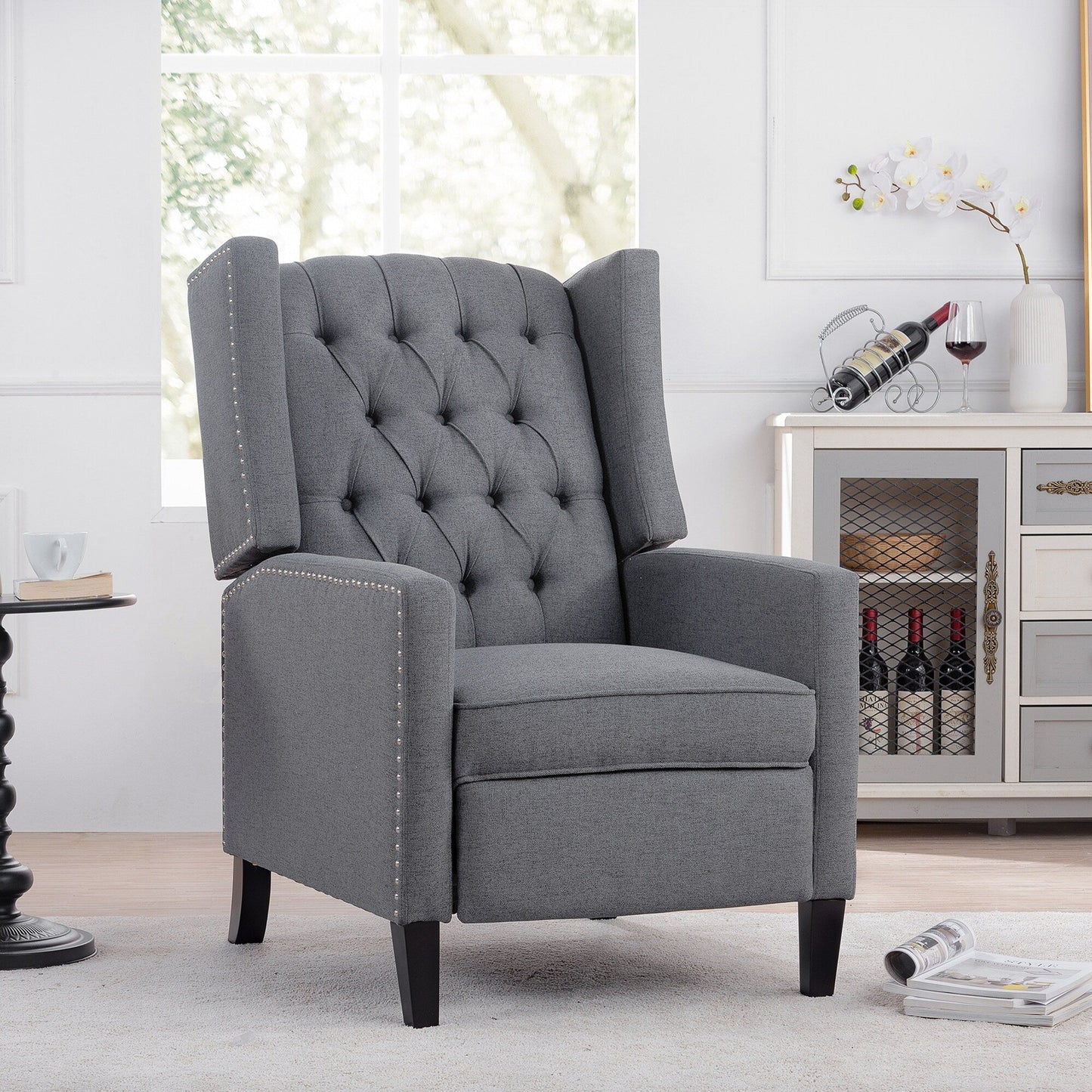 Mid Century Modern Tufted Fabric Wingback Sofa High Back Manual Lounge Recliner Chair with Silver Trim and 3 Gears