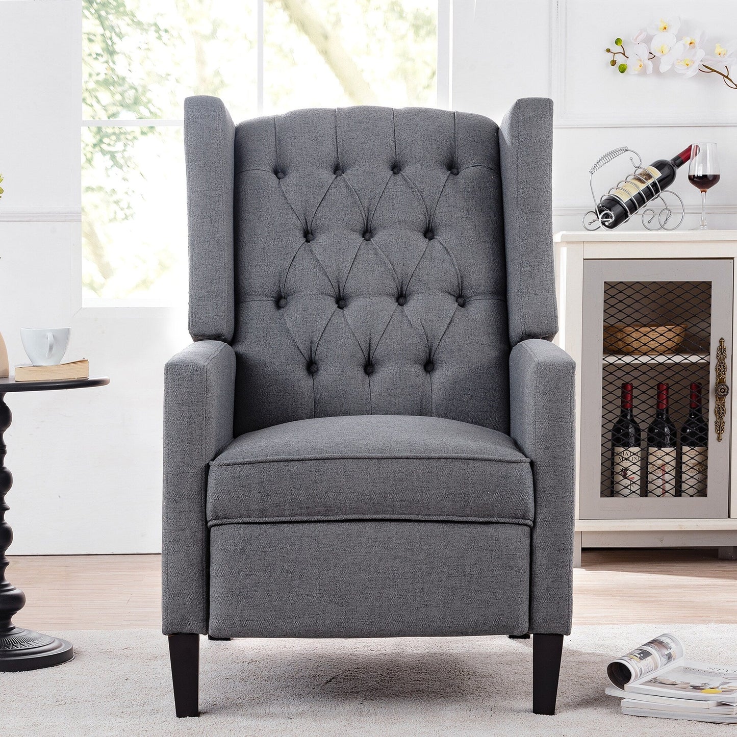 Mid Century Modern Tufted Fabric Wingback Sofa High Back Manual Lounge Recliner Chair with Silver Trim and 3 Gears