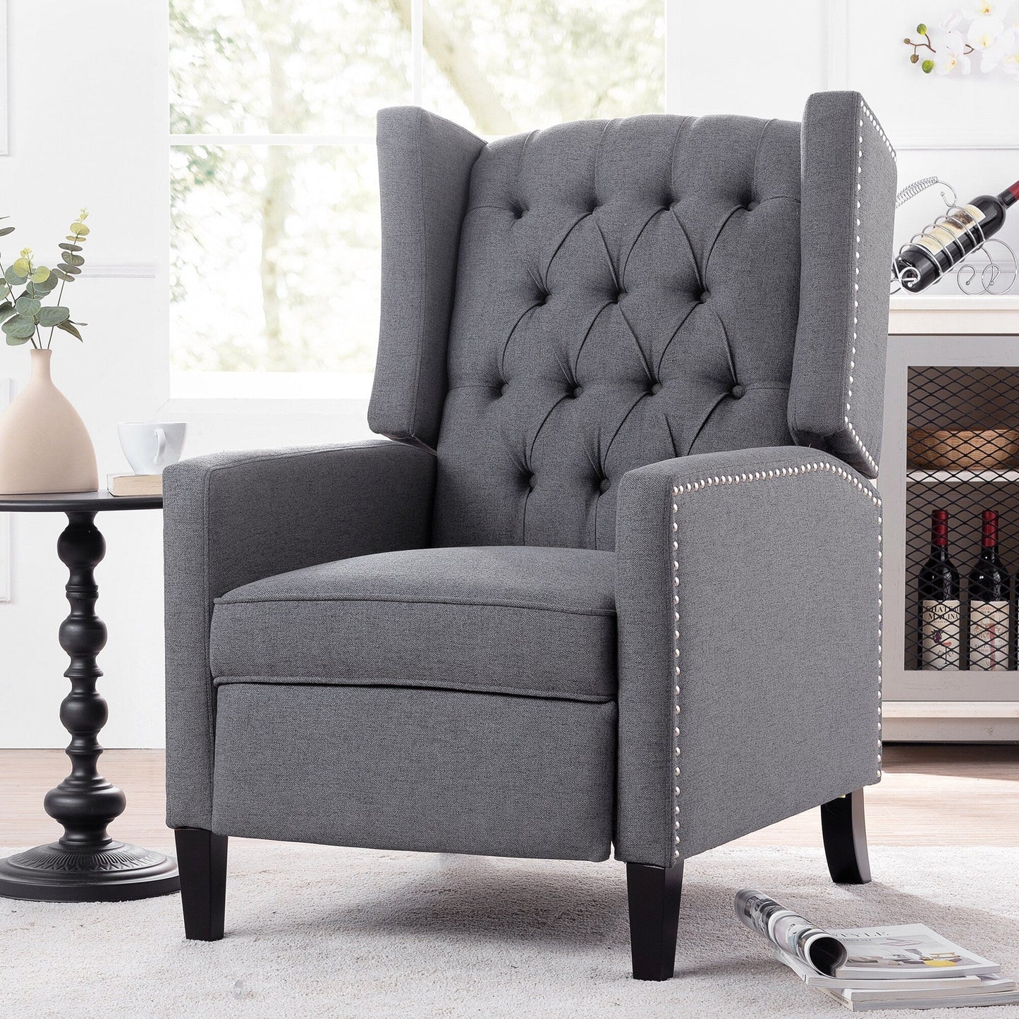 Mid Century Modern Tufted Fabric Wingback Sofa High Back Manual Lounge Recliner Chair with Silver Trim and 3 Gears