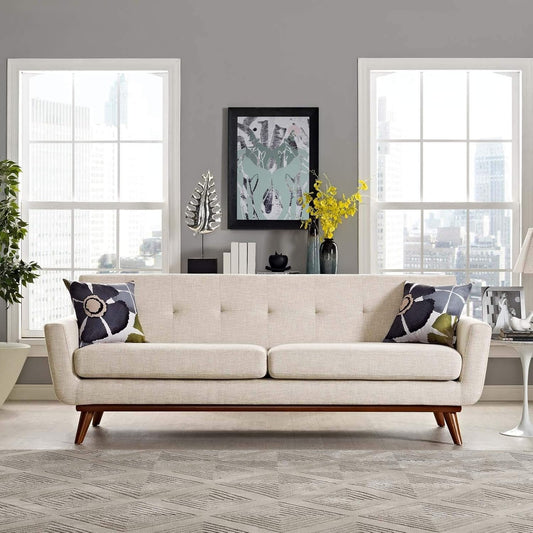 Mid-Century Modern Upholstered Fabric Sofa in Beige