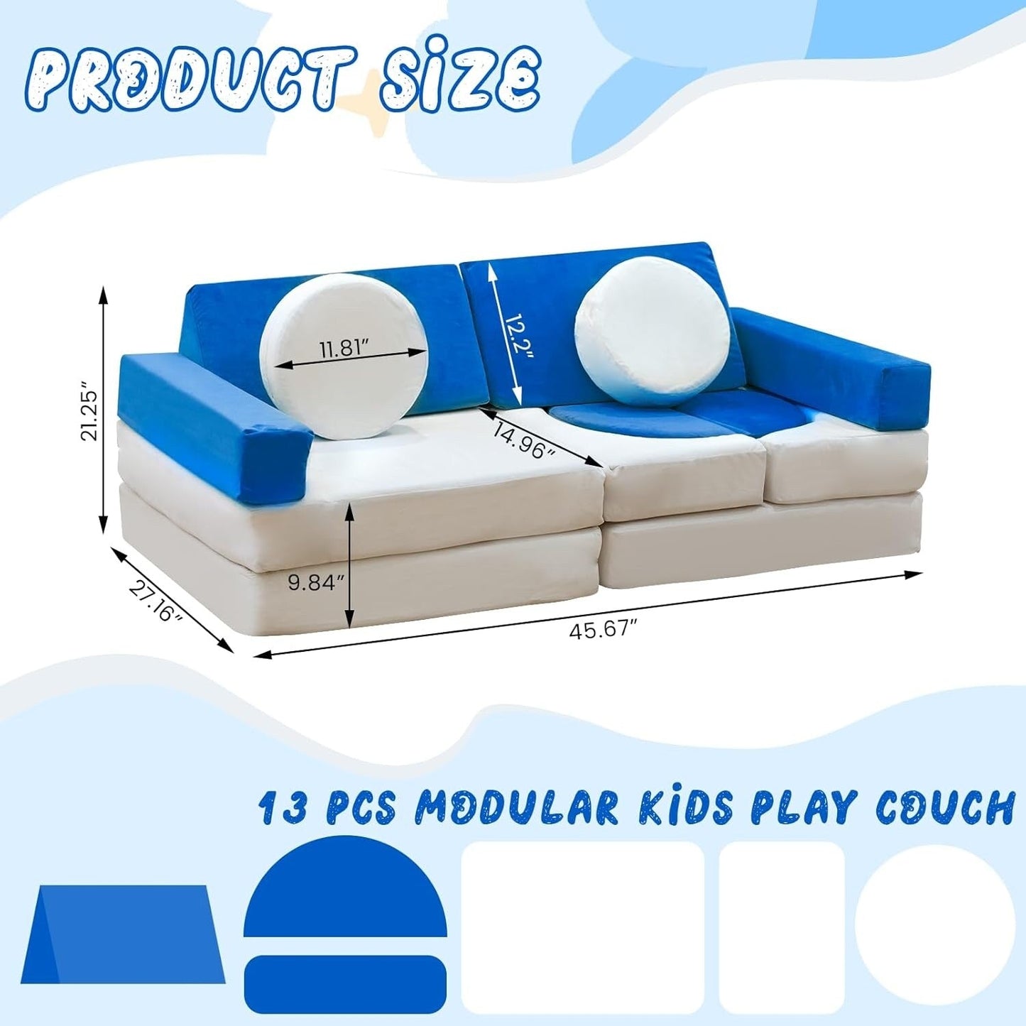 Mieres Modular Play Couch, Detachable Floor Sofa for Living Room, Convertible Creativing Playroom Furniture with Throw Pillow