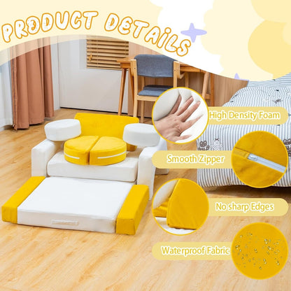 Mieres Modular Play Couch, Detachable Floor Sofa for Living Room, Convertible Creativing Playroom Furniture with Throw Pillow