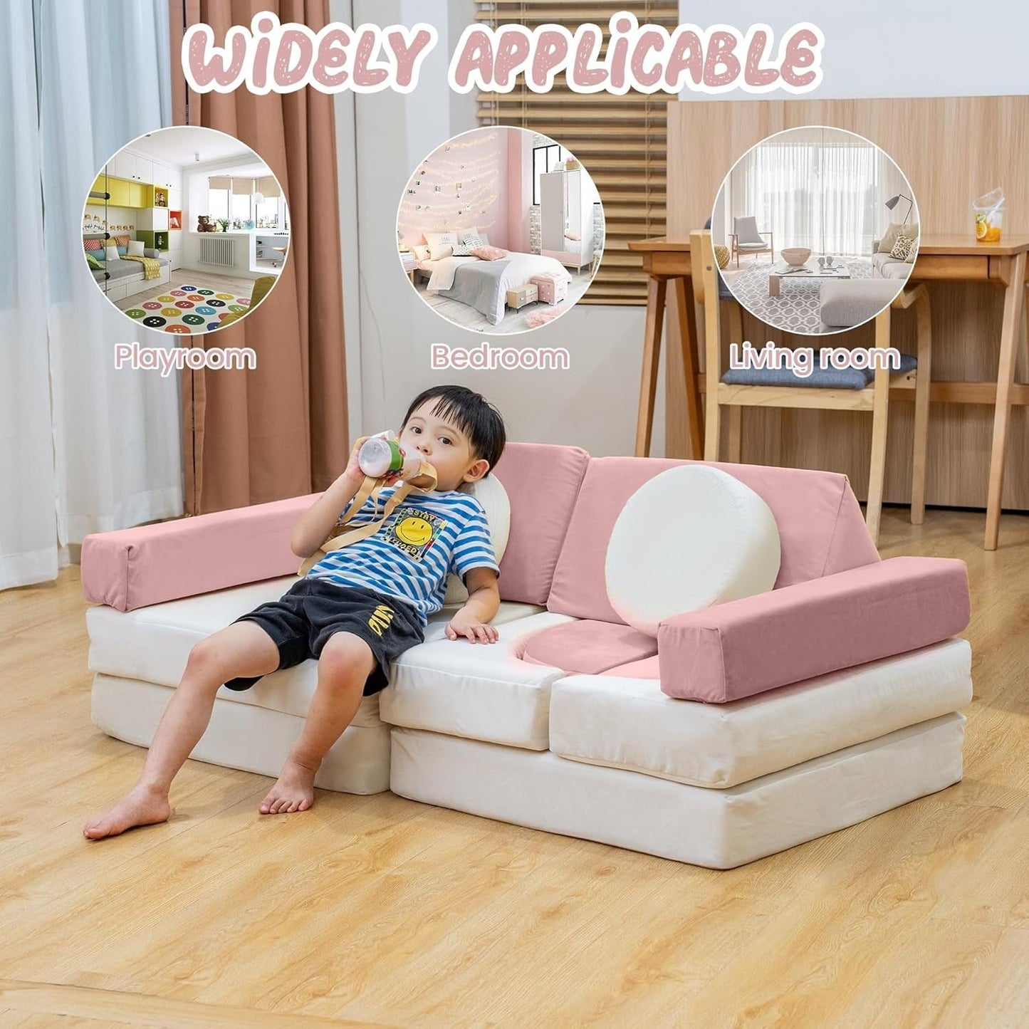 Mieres Modular Play Couch, Detachable Floor Sofa for Living Room, Convertible Creativing Playroom Furniture with Throw Pillow