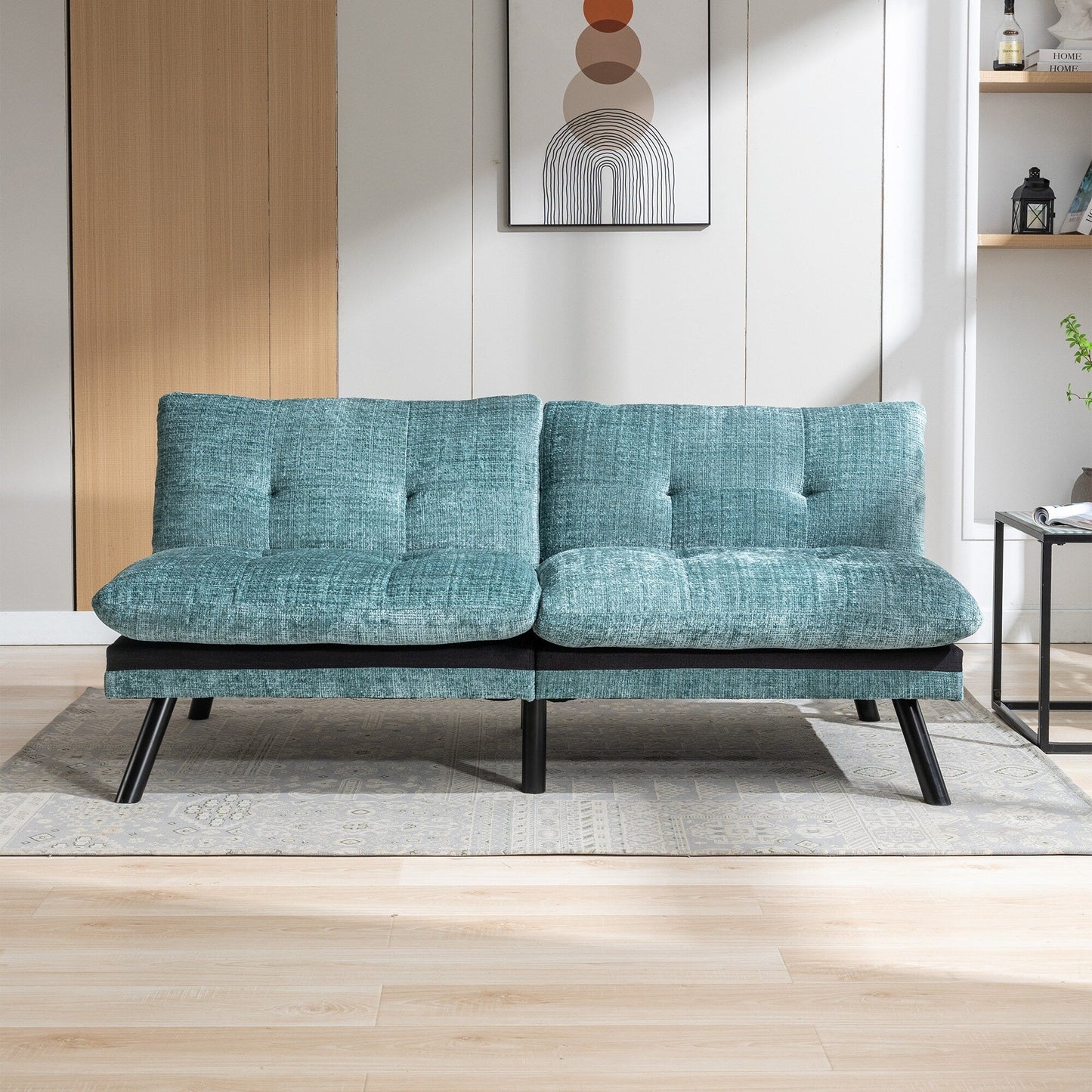 Mint Green 75.6 Chenille Convertible Loveseat Futon Sofa Bed with Metal Legs for Living Room