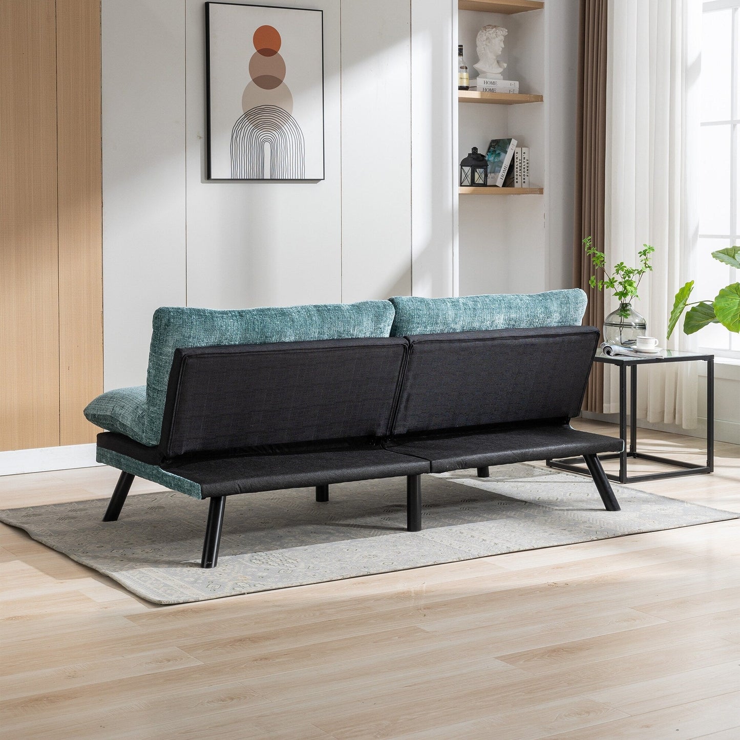 Mint Green 75.6 Chenille Convertible Loveseat Futon Sofa Bed with Metal Legs for Living Room