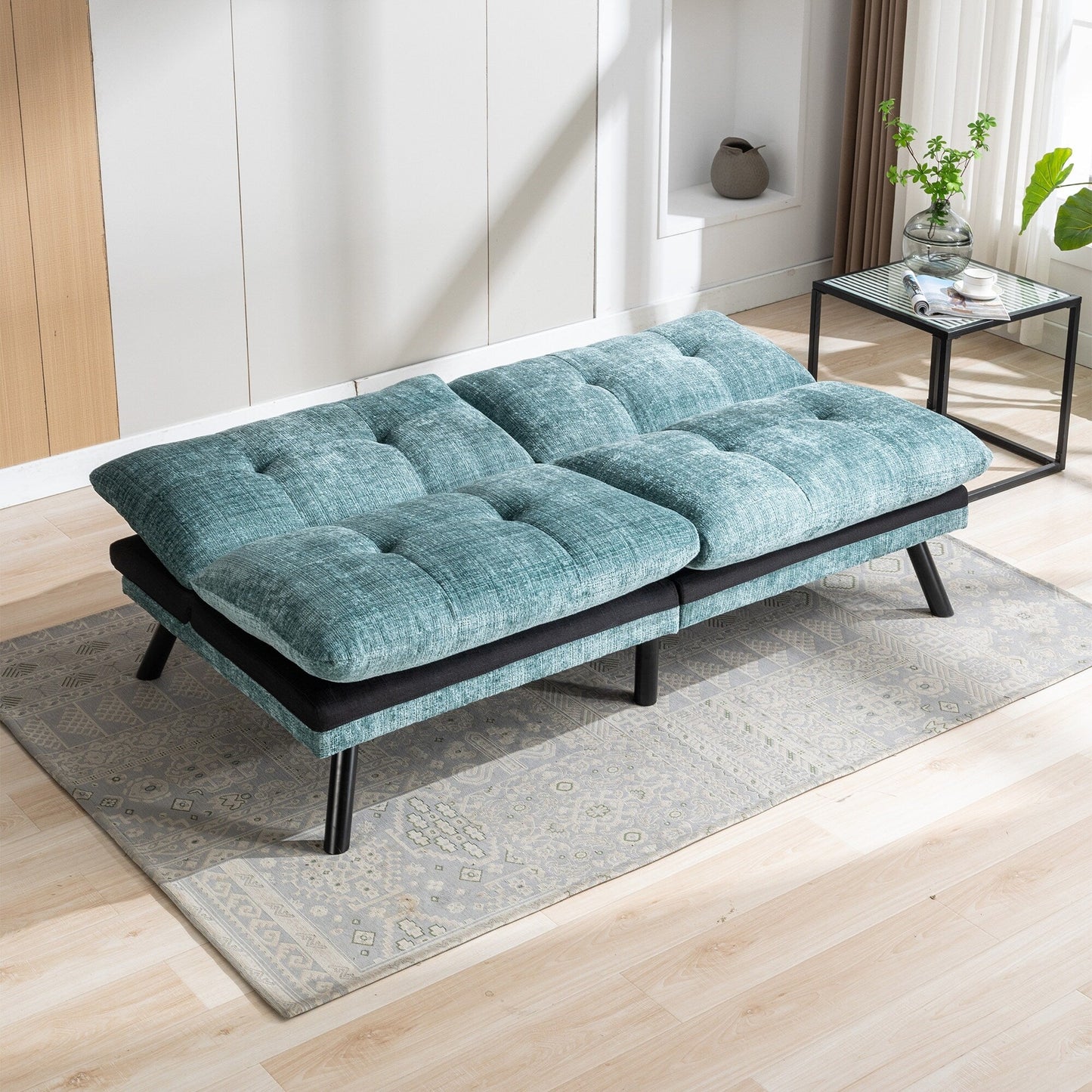 Mint Green 75.6 Chenille Convertible Loveseat Futon Sofa Bed with Metal Legs for Living Room