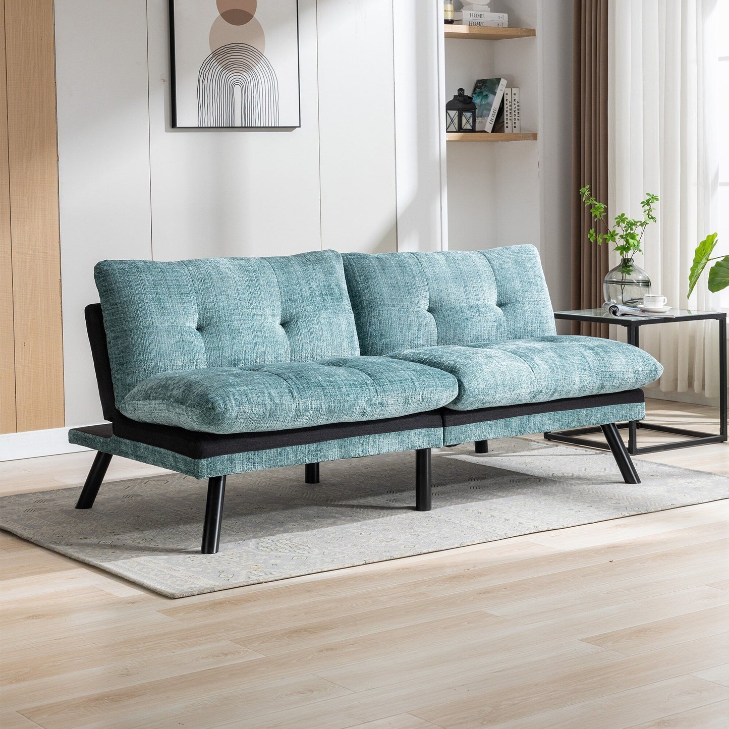 Mint Green 75.6 Chenille Convertible Loveseat Futon Sofa Bed with Metal Legs for Living Room