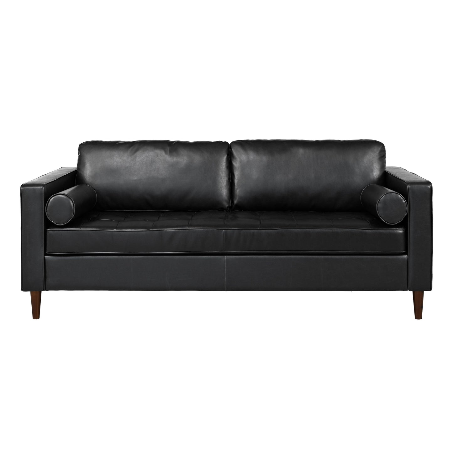 Mirod Mid-Century Modern PU Leather 3-Seat Sofa, Tufted Design, Solid Wood Legs, 2 Bolster Pillows