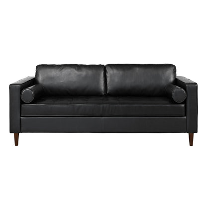 Mirod Mid-Century Modern PU Leather 3-Seat Sofa, Tufted Design, Solid Wood Legs, 2 Bolster Pillows
