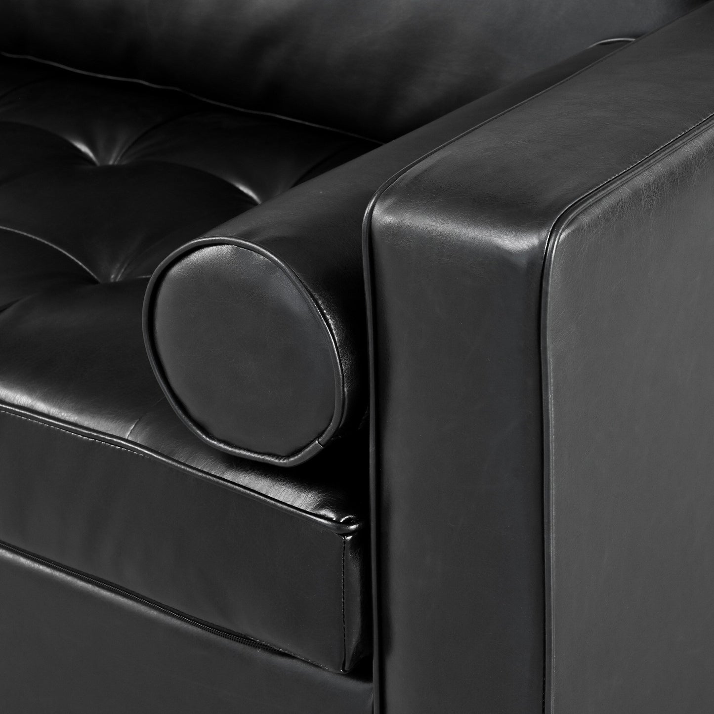 Mirod Mid-Century Modern PU Leather 3-Seat Sofa, Tufted Design, Solid Wood Legs, 2 Bolster Pillows