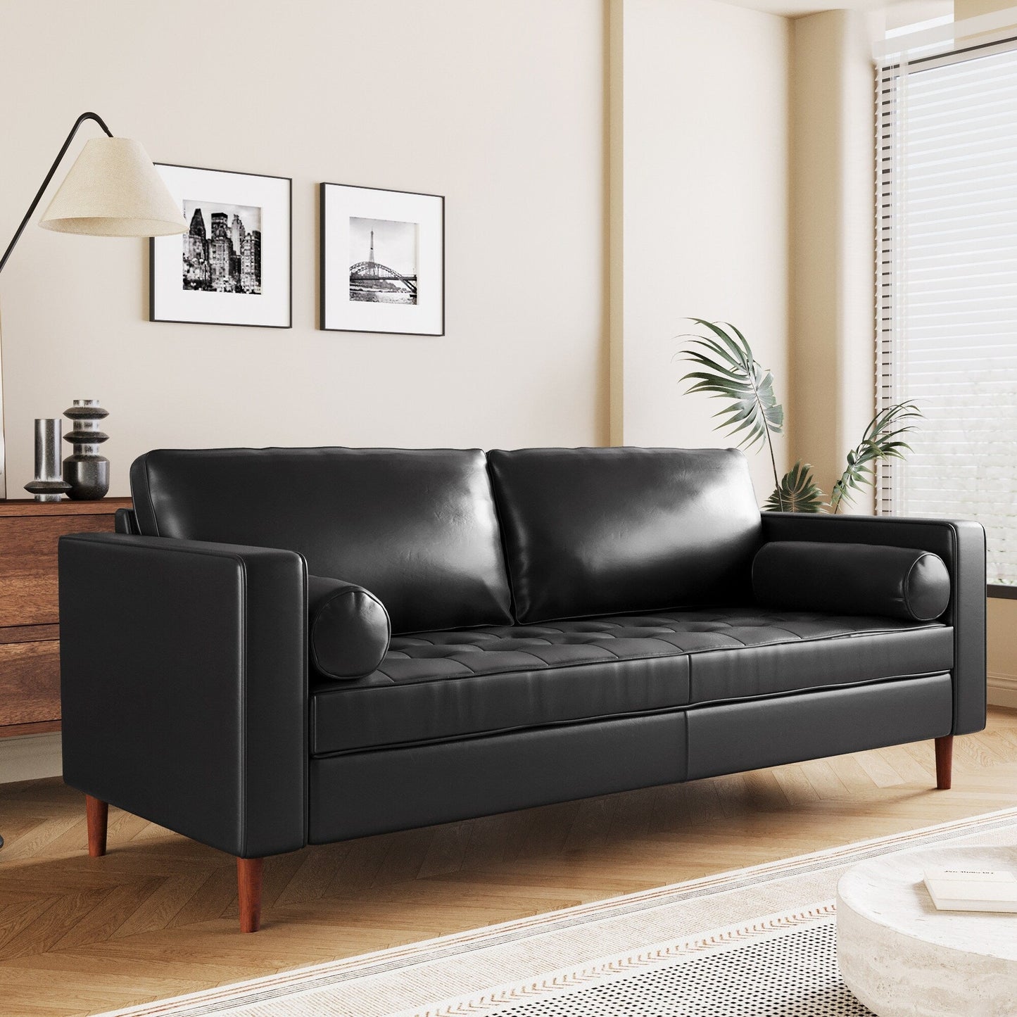 Mirod Mid-Century Modern PU Leather 3-Seat Sofa, Tufted Design, Solid Wood Legs, 2 Bolster Pillows